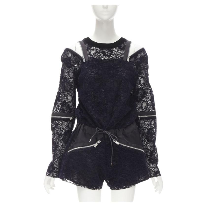 SACAI navy velvet floral lace pink zipper trim romper playsuit S For Sale