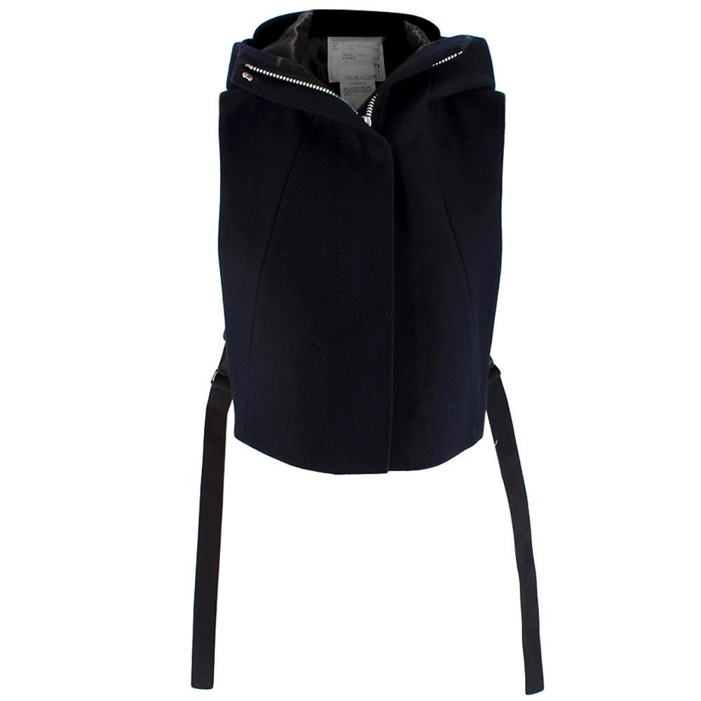 Sacai Navy Wool Hooded Zipped Sleeveless Jacket - Size US 4 For