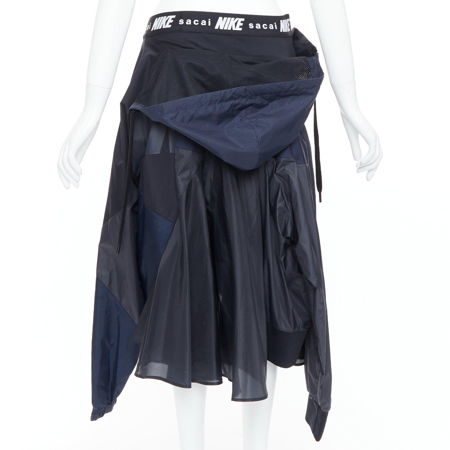 Women's SACAI NIKE black navy nylon deconstructed windbreaker patchwork skirt S For Sale