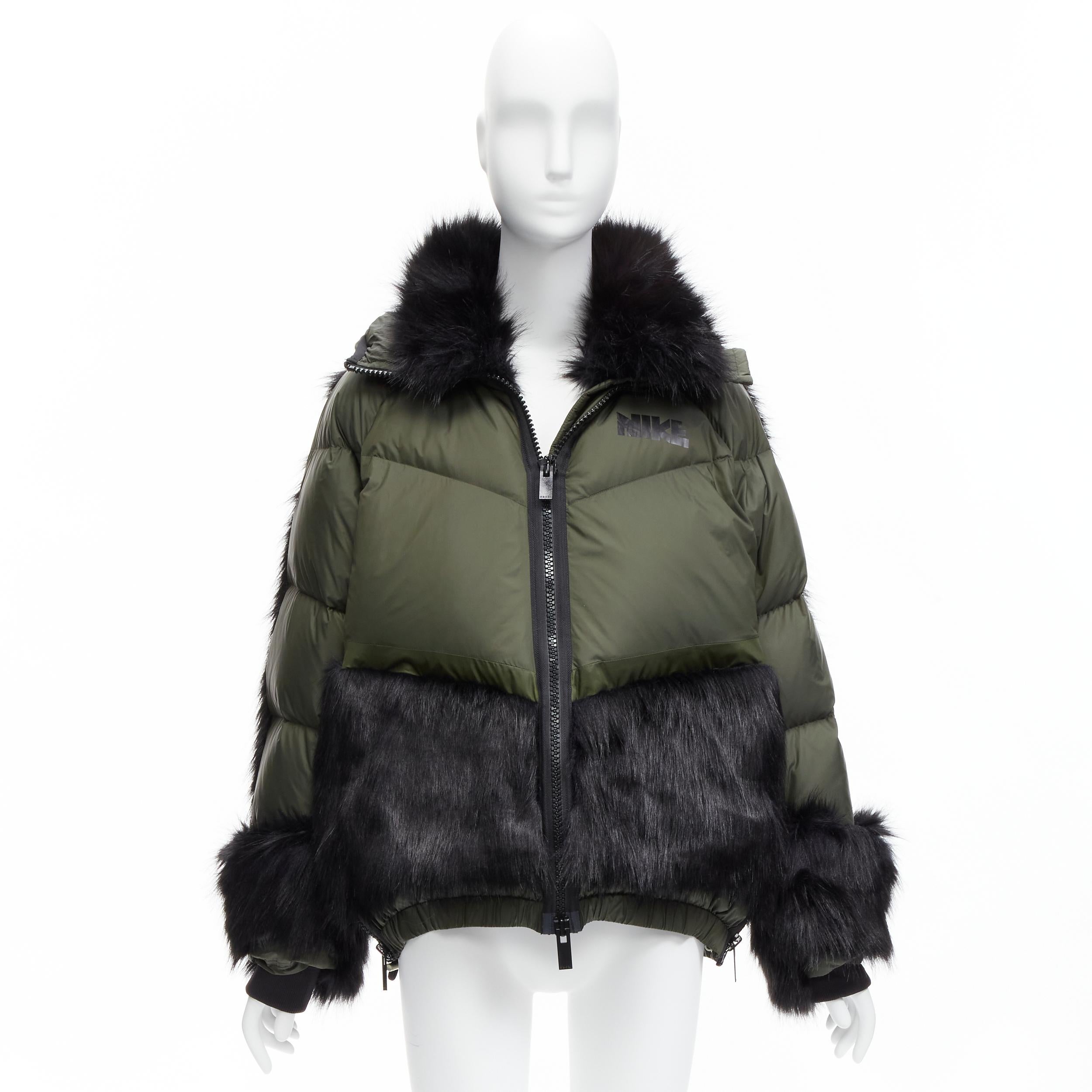 SACAI NIKE dark green black faux fur hooded puffer padded jacket S 3