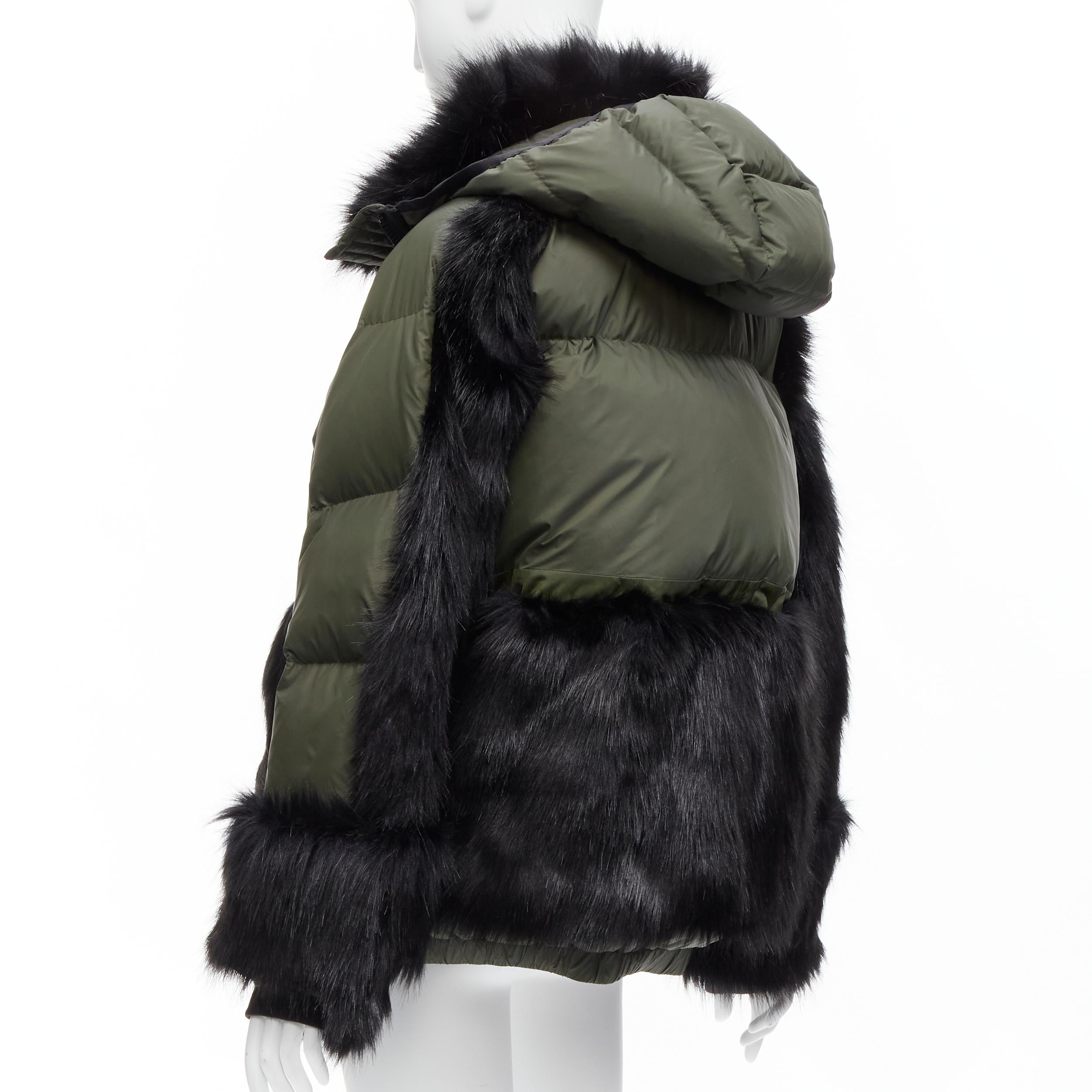 SACAI NIKE dark green black faux fur hooded puffer padded jacket S In Excellent Condition In Hong Kong, NT