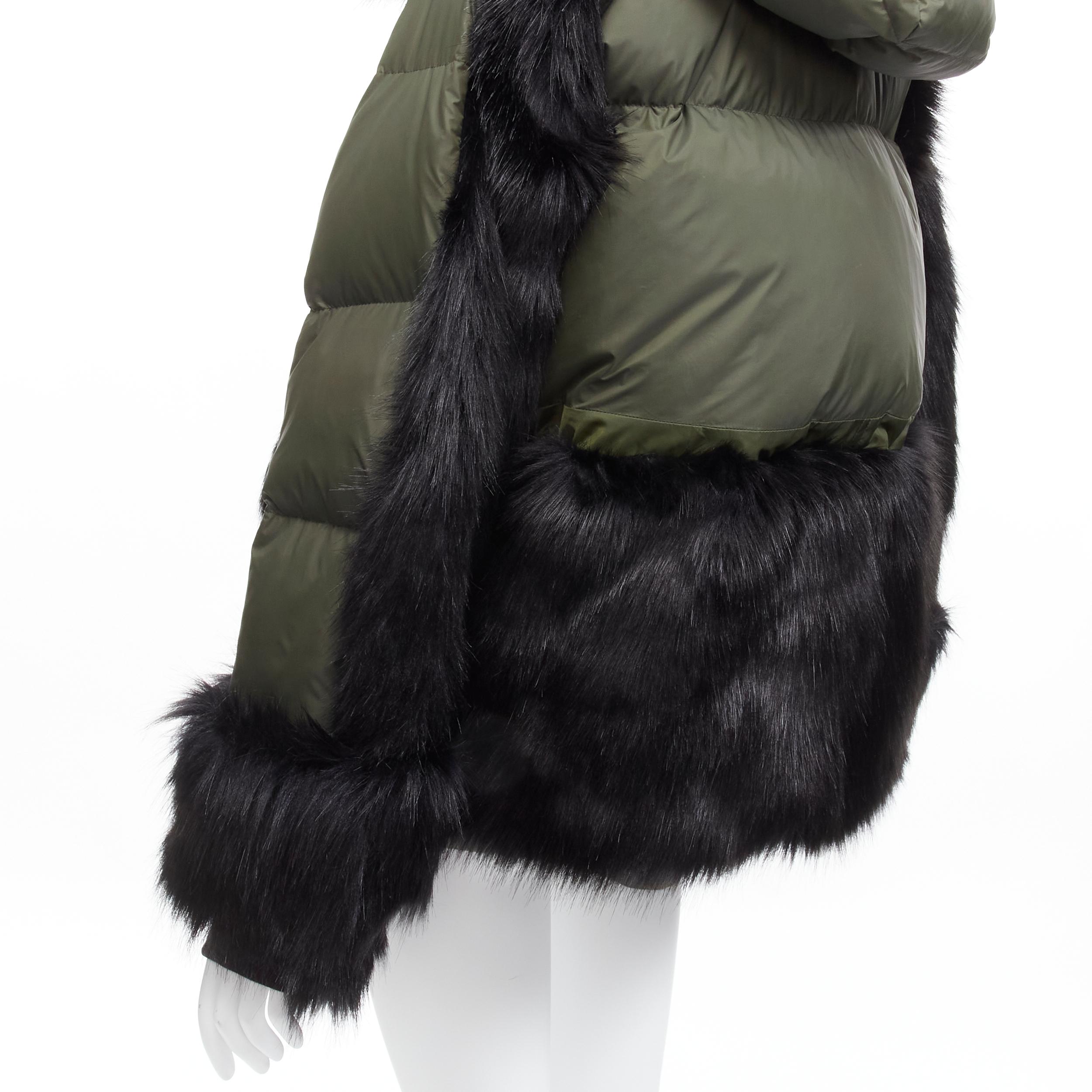 Women's SACAI NIKE dark green black faux fur hooded puffer padded jacket S