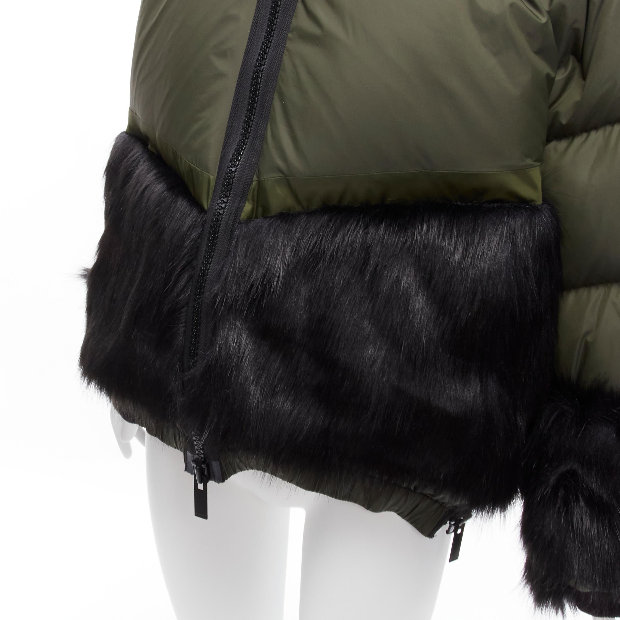 SACAI NIKE dark green black faux fur hooded puffer padded jacket S 1