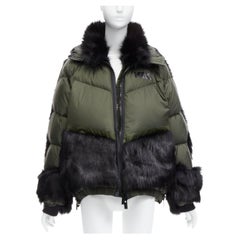 SACAI NIKE dark green black faux fur hooded puffer padded jacket S