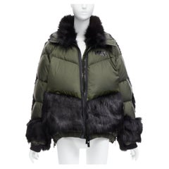 SACAI NIKE vert foncé noir fausse fourrure capuche puffer padded jacket S