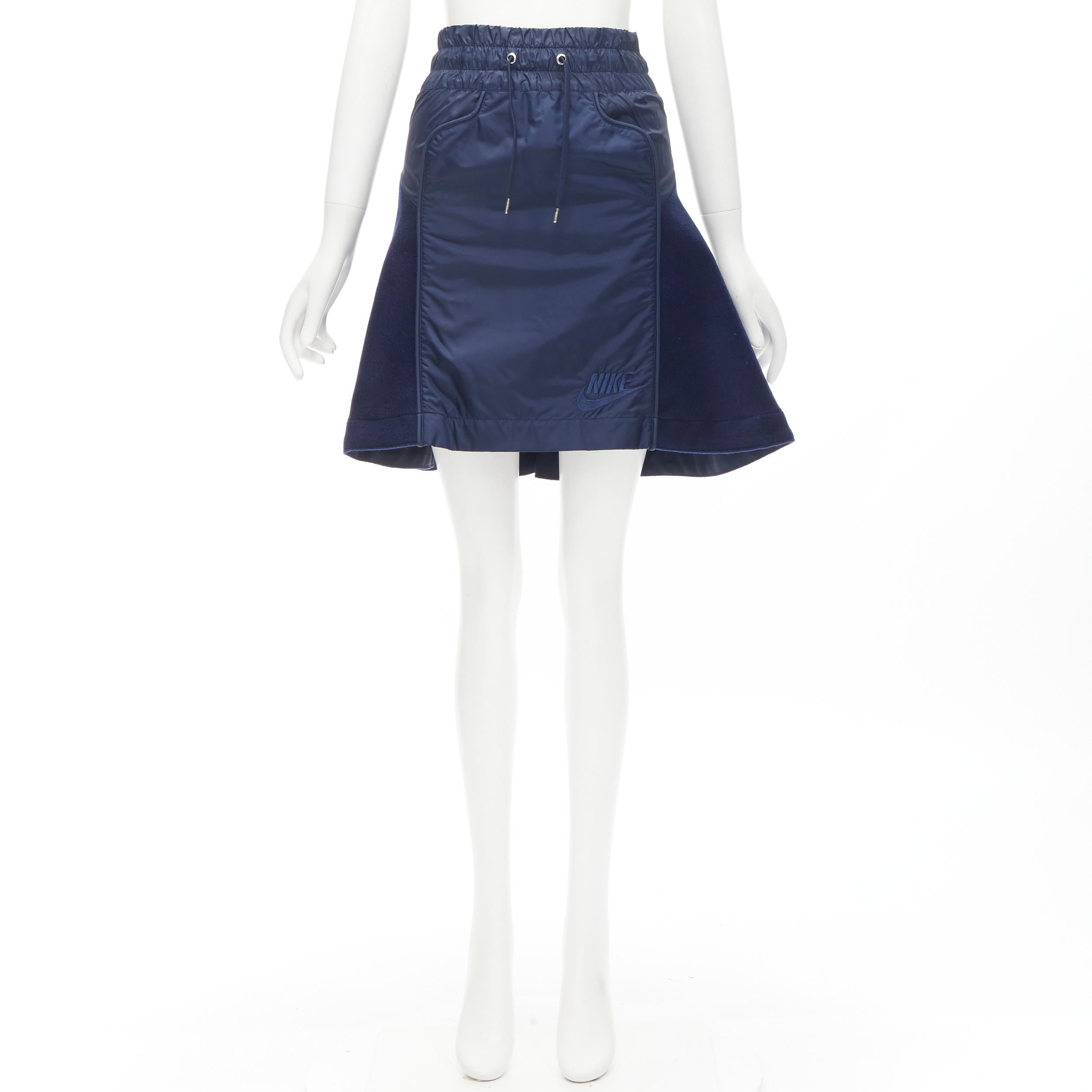 SACAI NIKE navy blue nylon wool kick flared back skirt S For Sale 4