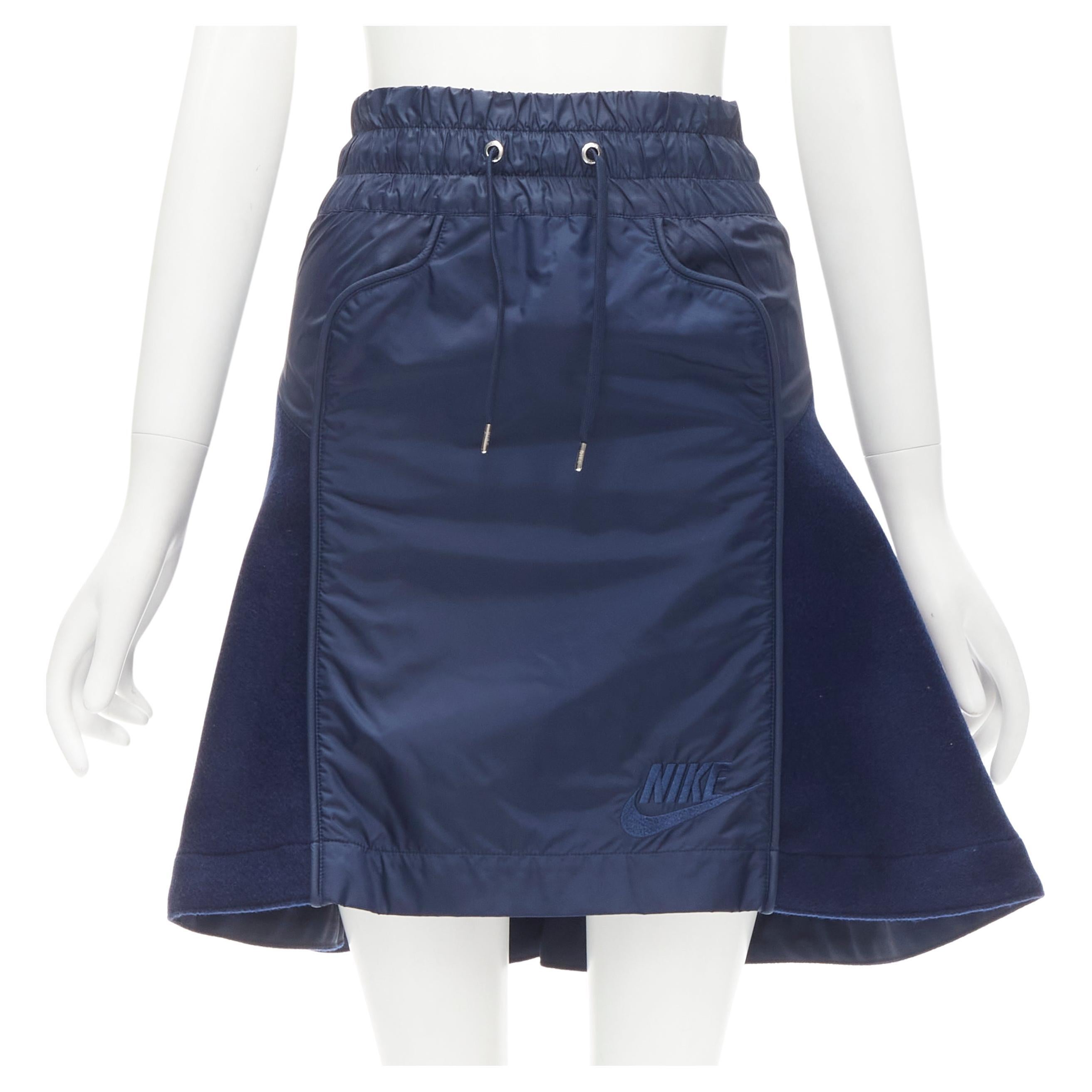 SACAI NIKE navy blue nylon wool kick flared back skirt S For Sale