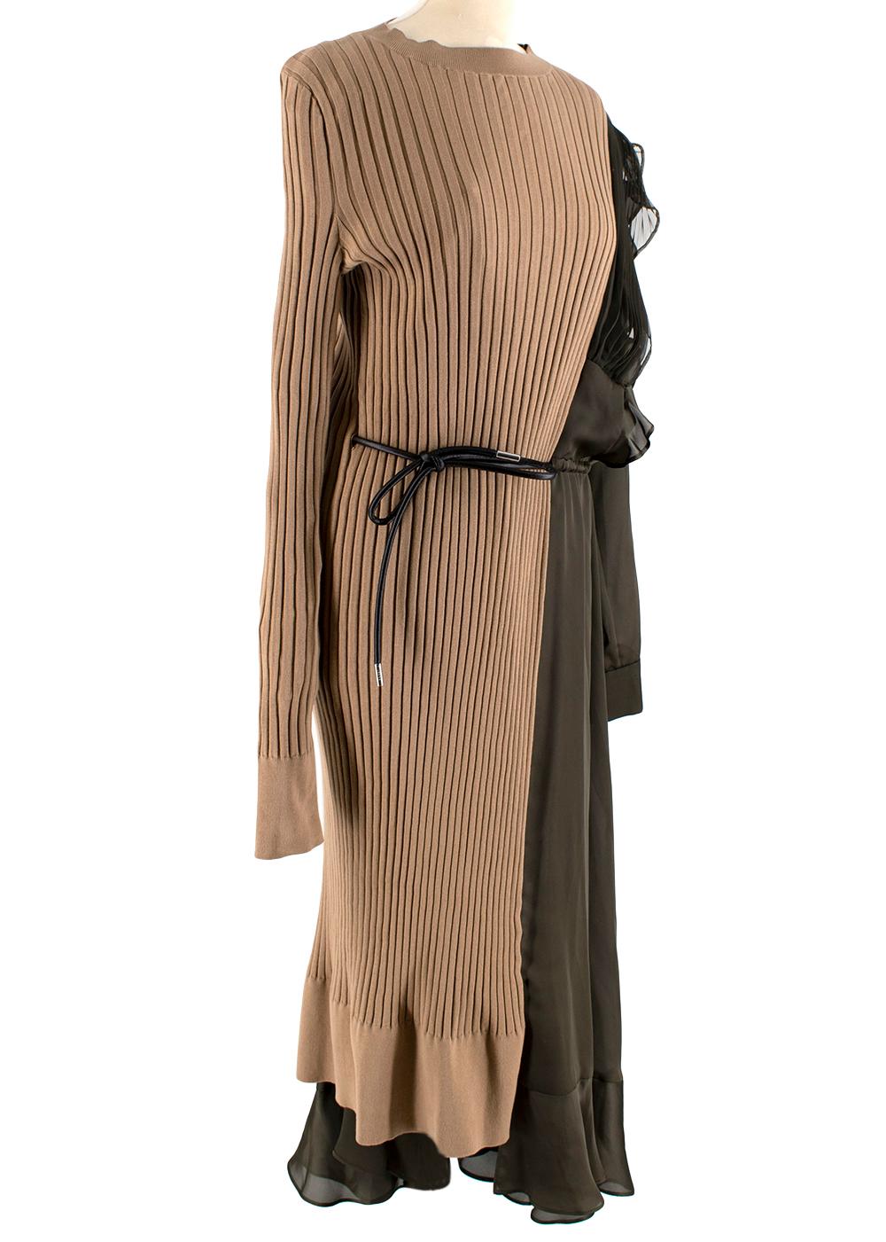 Sacai Paneled Asymmetric Cotton, Satin And Tulle Midi Dress In Green

- Beige and khaki-green cotton-blend dress
- Ribbed knit and satin dual-texture
- Asymmetric silhouette 
- Round neckline 
- Ruffle trimming 
- Synthetic leather drawstring waist
