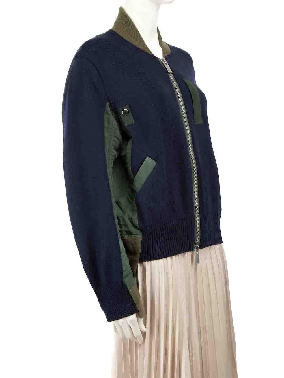 CONDITION is Good. Minor wear to jacket is evident. Light wear to the composition with a number of very small plucks to the knit found through the centre front on this used Sacai designer resale item.
 
 Details
 Multicolour navy and green
 Cotton

