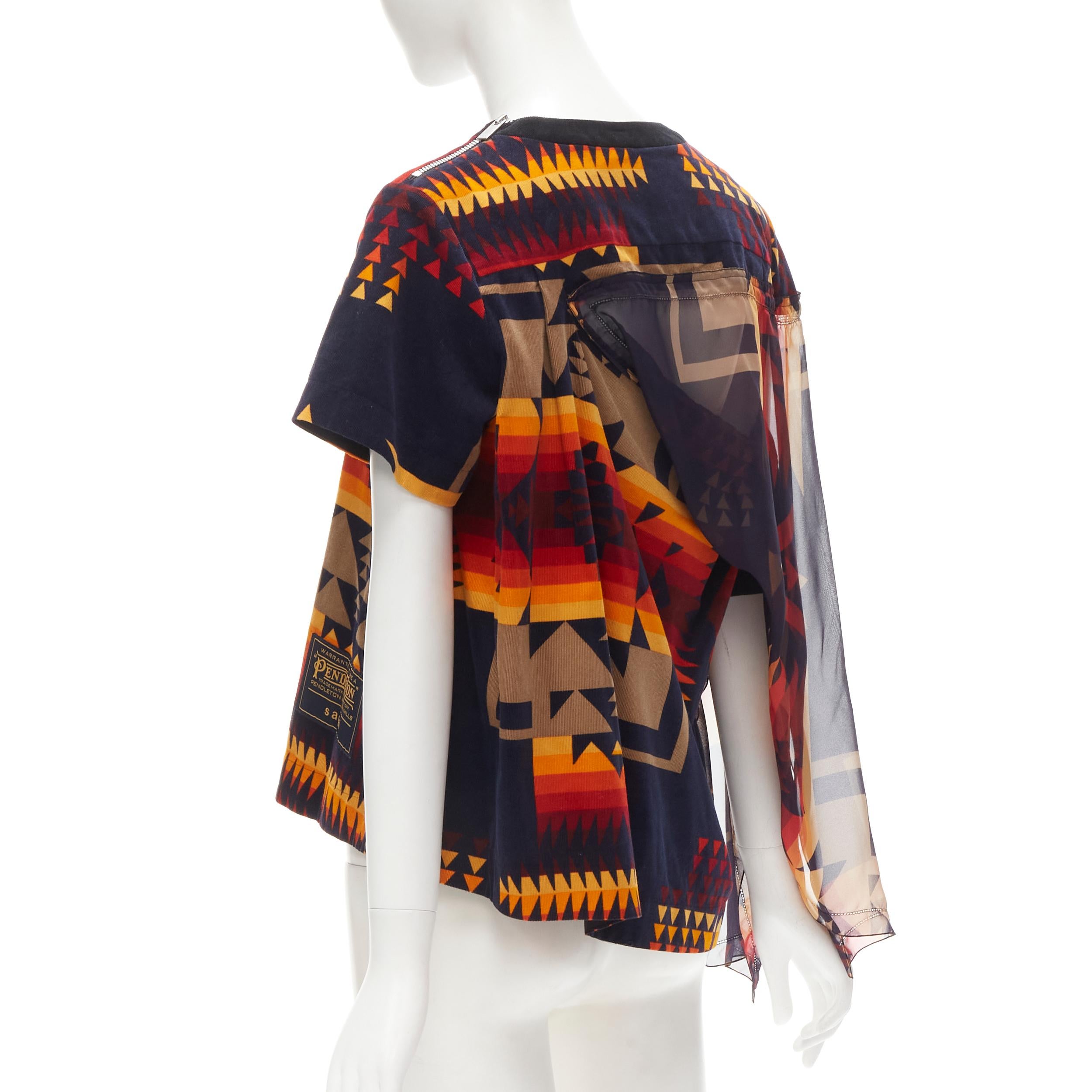 SACAI PENDLETON 2019 imprimé aztèque velours côtelé insert transparent top déconstruit JP1 S en vente 2