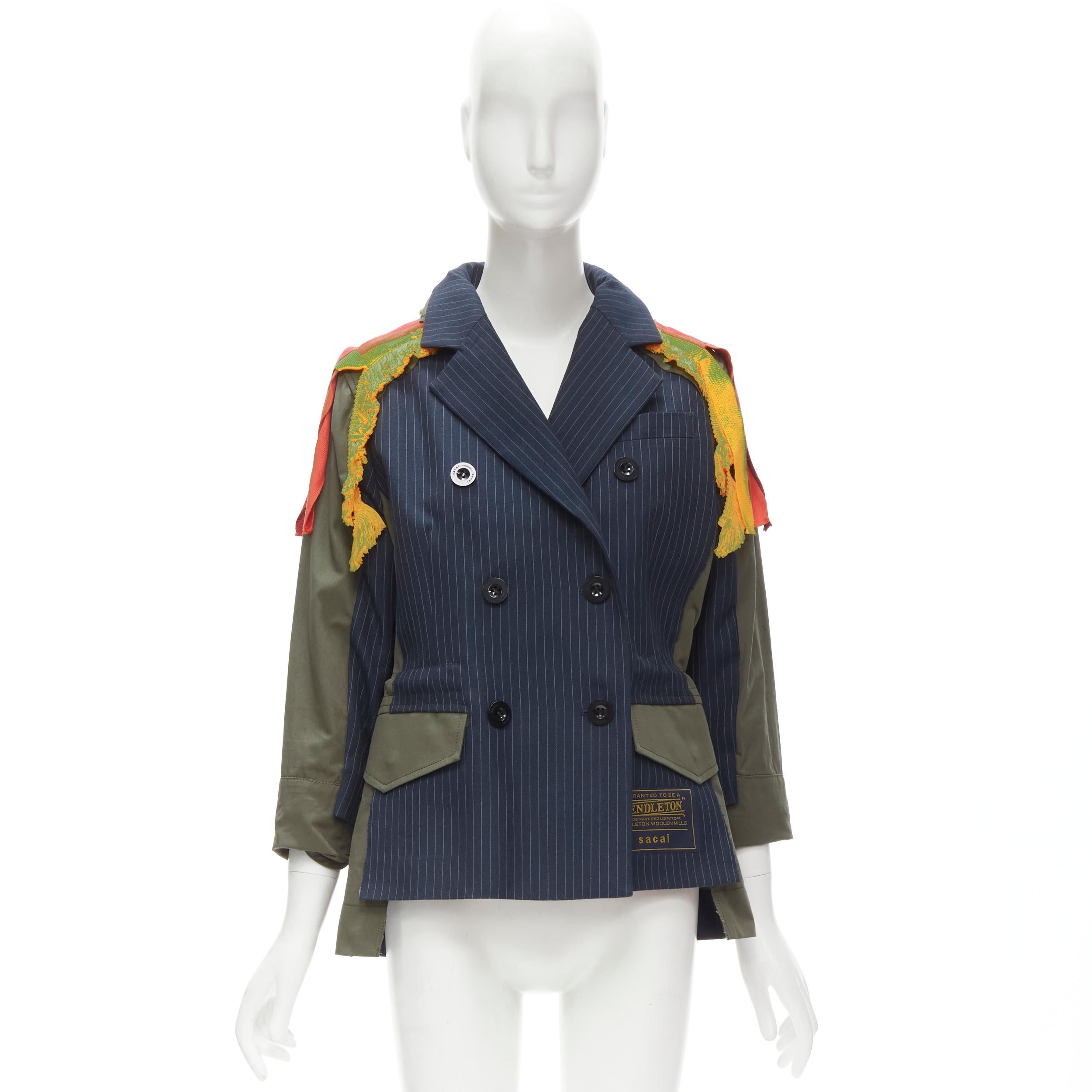 SACAI PENDLETON 2019 deconstructed navy pinstripe aztex trim parka jacket JP1 S 5