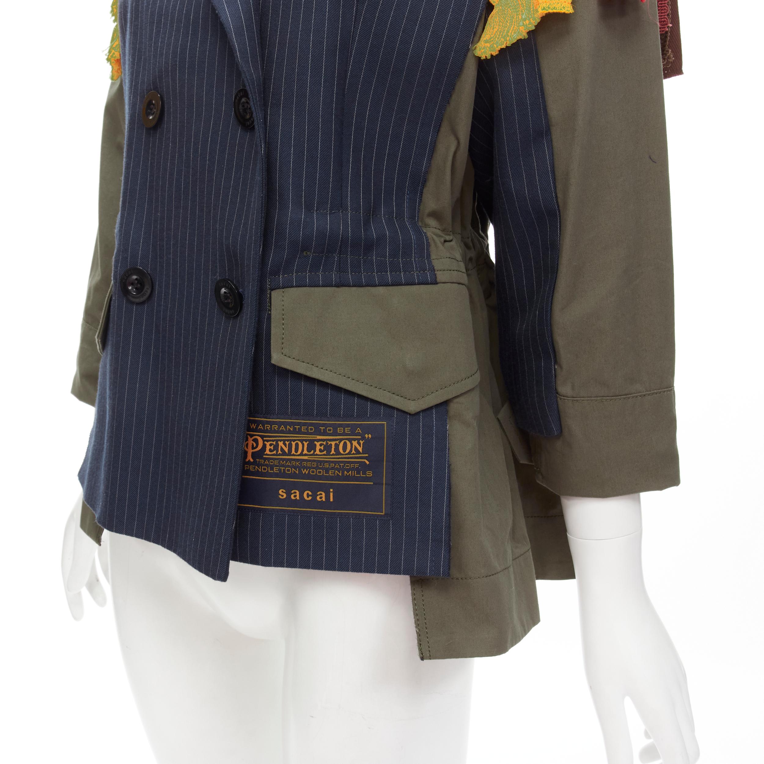 SACAI PENDLETON 2019 deconstructed navy pinstripe aztex trim parka jacket JP1 S 
Reference: ANWU/A00481 
Brand: Sacai 
Designer: Chitose Abe 
Collection: Pendlteton 
Material: Polyester 
Color: Navy 
Pattern: Pinstriped 
Closure: Button 
Extra
