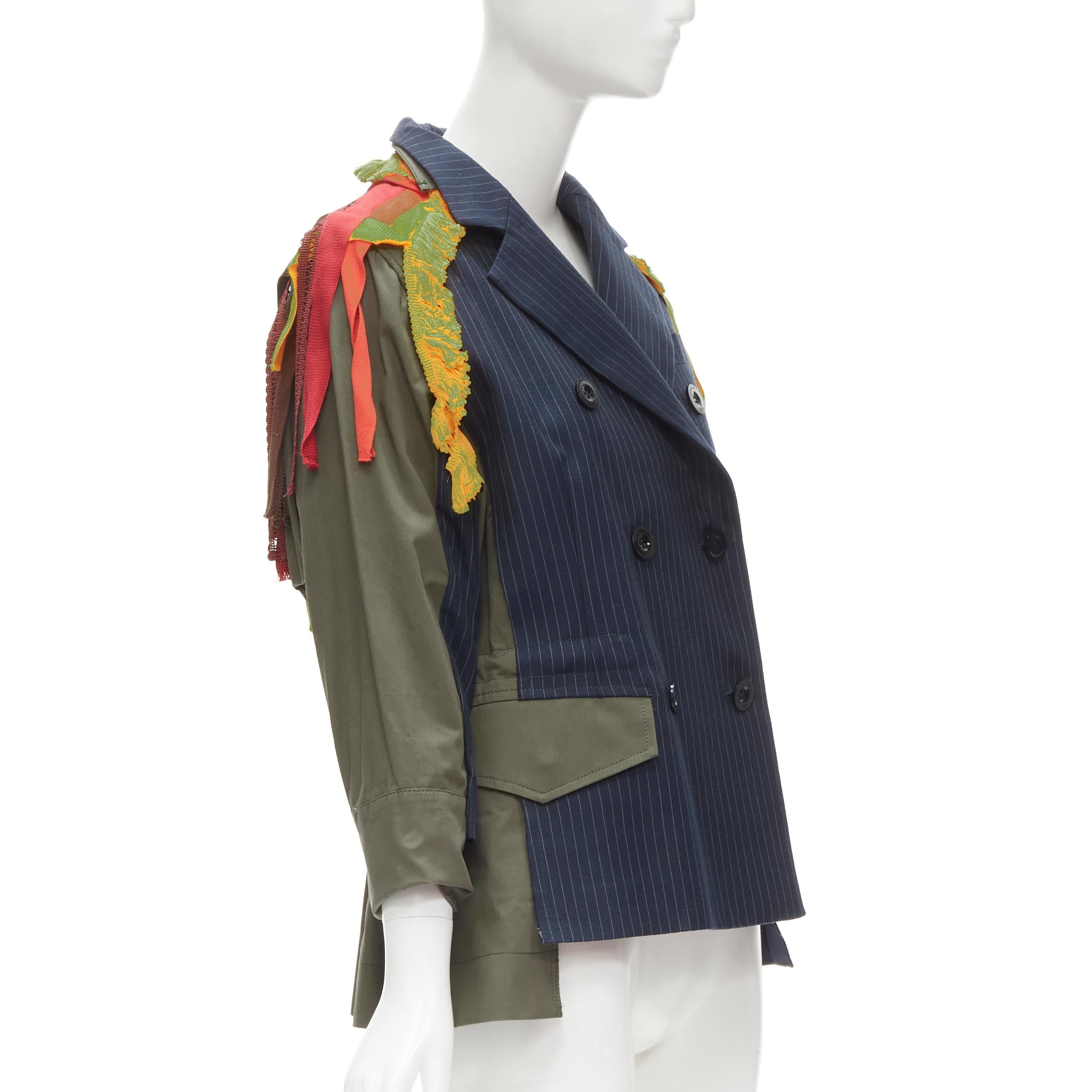 SACAI PENDLETON 2019 deconstructed navy pinstripe aztex trim parka jacket JP1 S In Excellent Condition In Hong Kong, NT