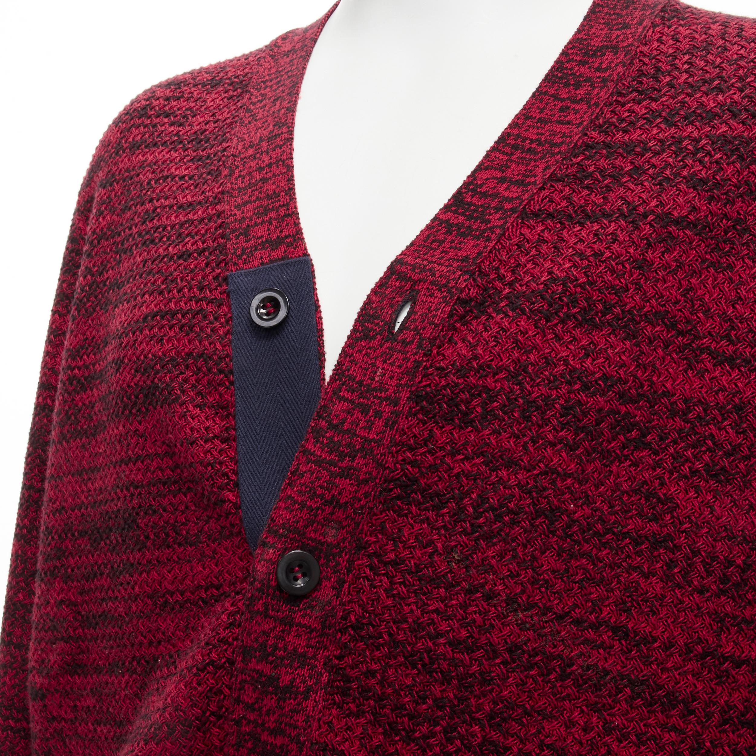 SACAI red black speckled cotton blend yarn chunky rib cardigan JP2 M
Reference: YNWG/A00107
Brand: Sacai
Designer: Chitose Abe
Material: Cotton, Blend
Color: Red, Black
Pattern: Solid
Closure: Button
Extra Details: Lined pockets.
Made in: