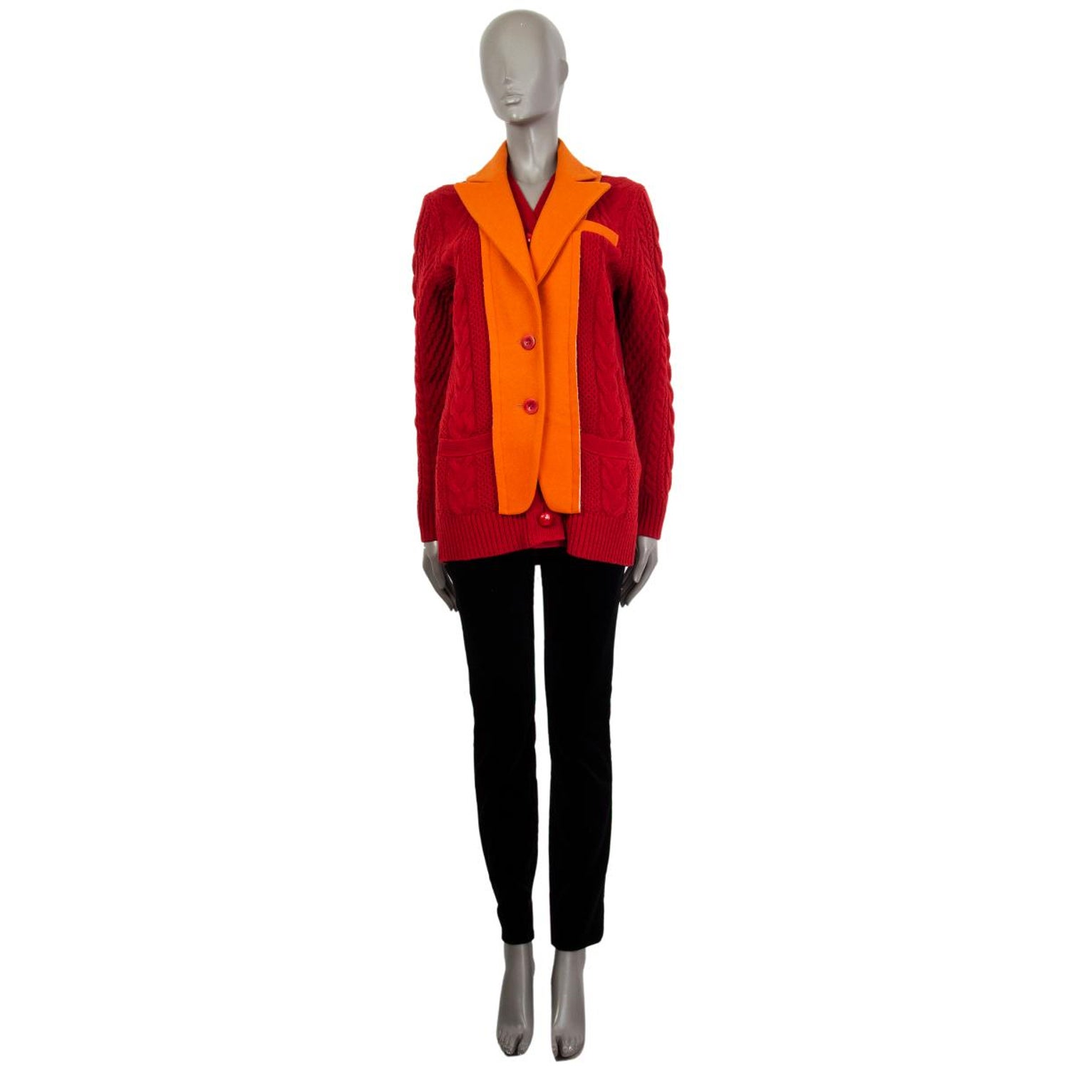 SACAI red and orange wool CABLE KNIT LAYERED Jacket 1 XS For Sale at 1stDibs