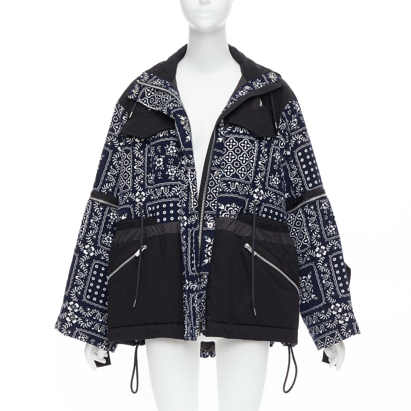 Black SACAI Reyn Spooner 2018 navy black cotton printed padded coat JP1 S For Sale
