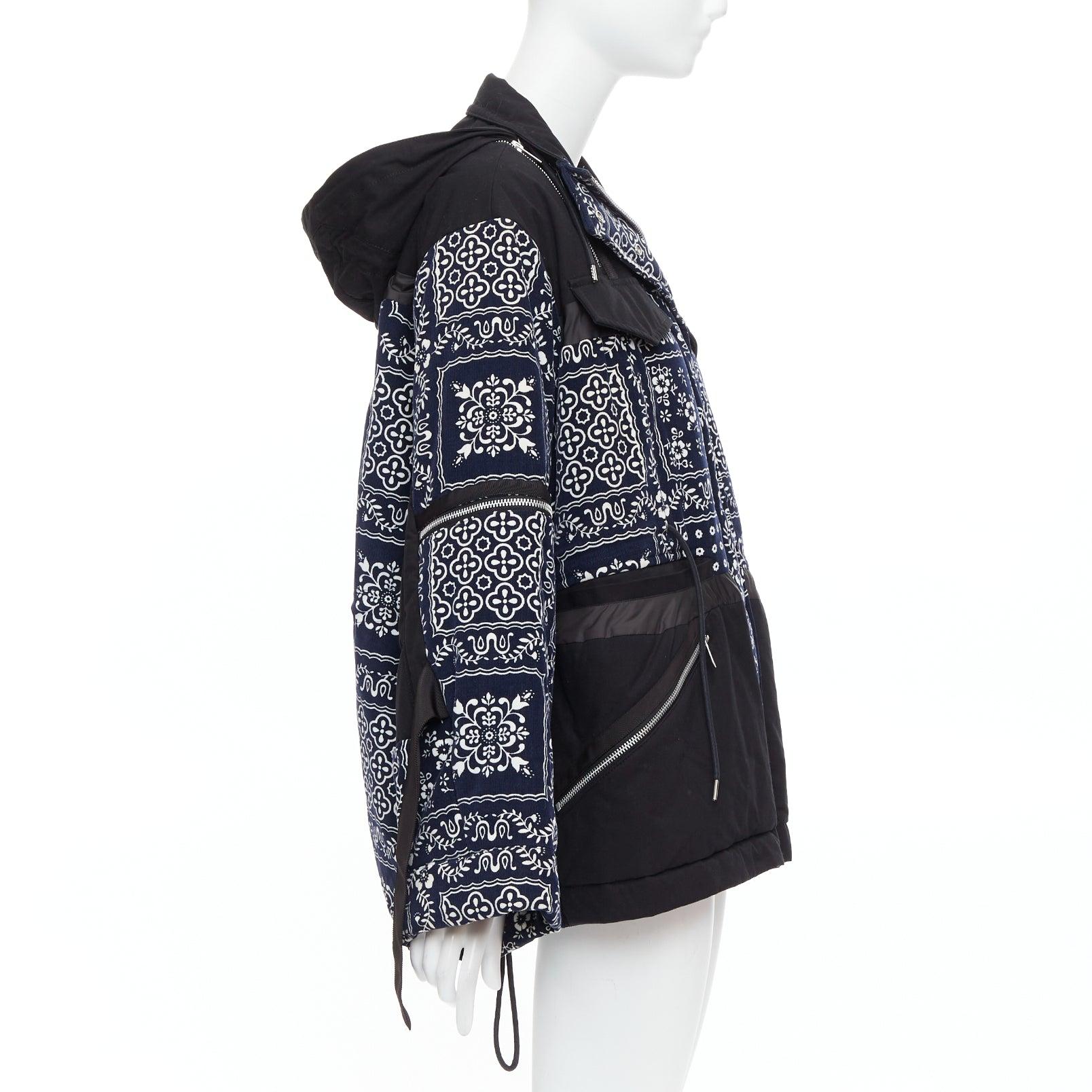 Women's SACAI Reyn Spooner 2018 navy black cotton printed padded coat JP1 S For Sale