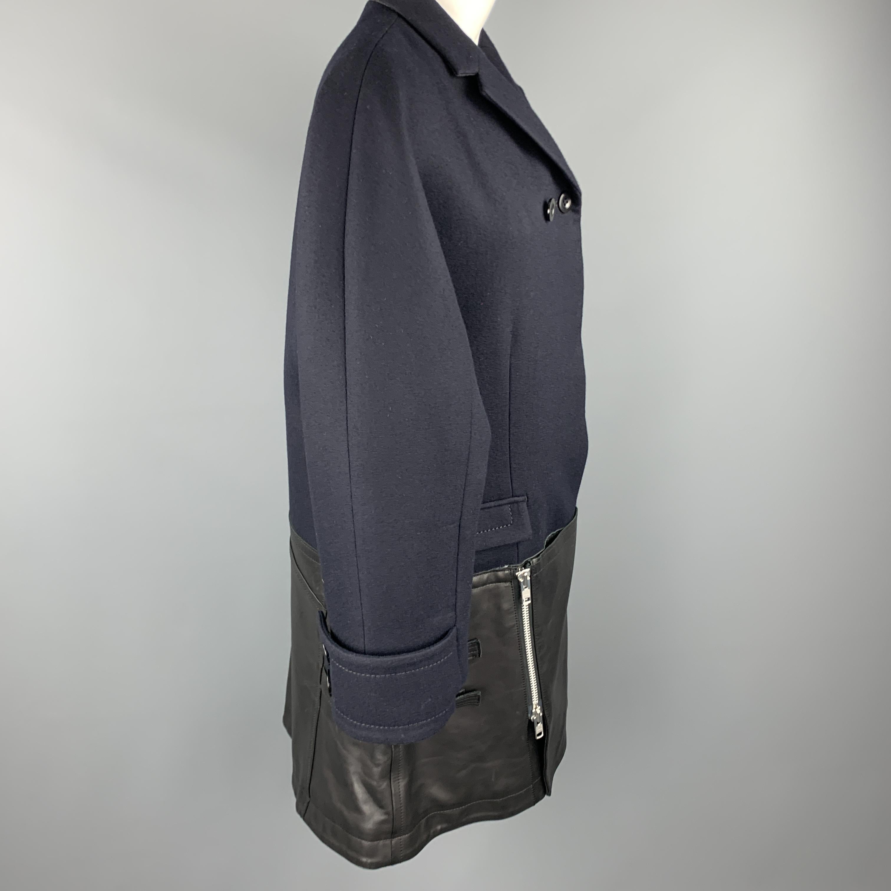 Men's SACAI Size L Navy Wool Notch Lapel Hidden Button Leather Belted Panel Coat