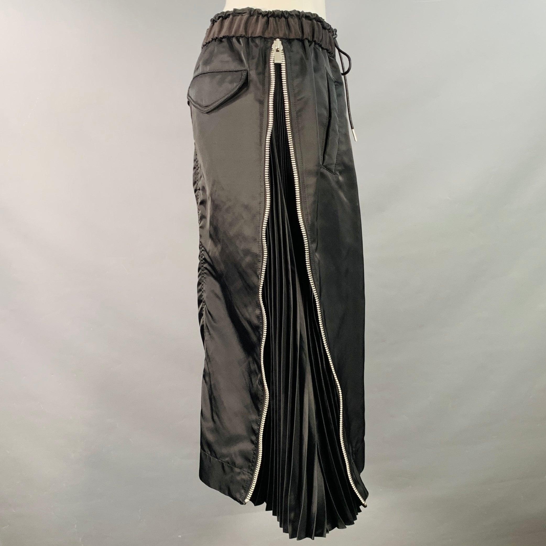 Women's SACAI Size M Black Nylon Blend Pleated Zip Up Drawstring Midi Skirt For Sale