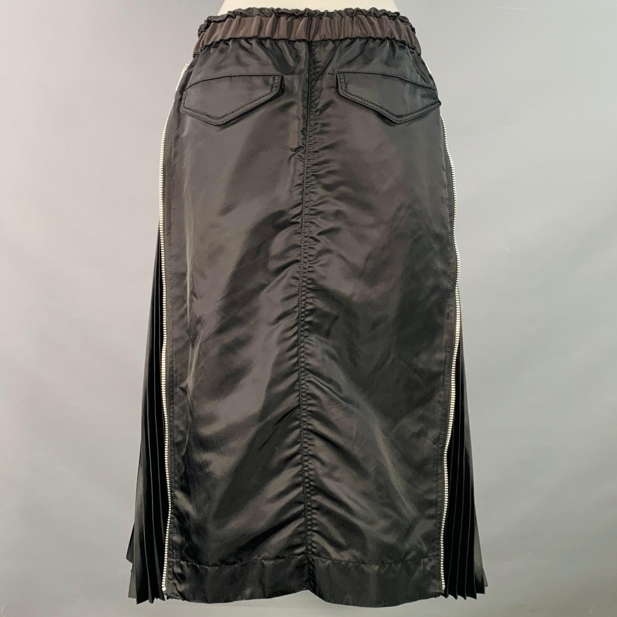 SACAI Size M Black Nylon Blend Pleated Zip Up Drawstring Midi Skirt For Sale 1