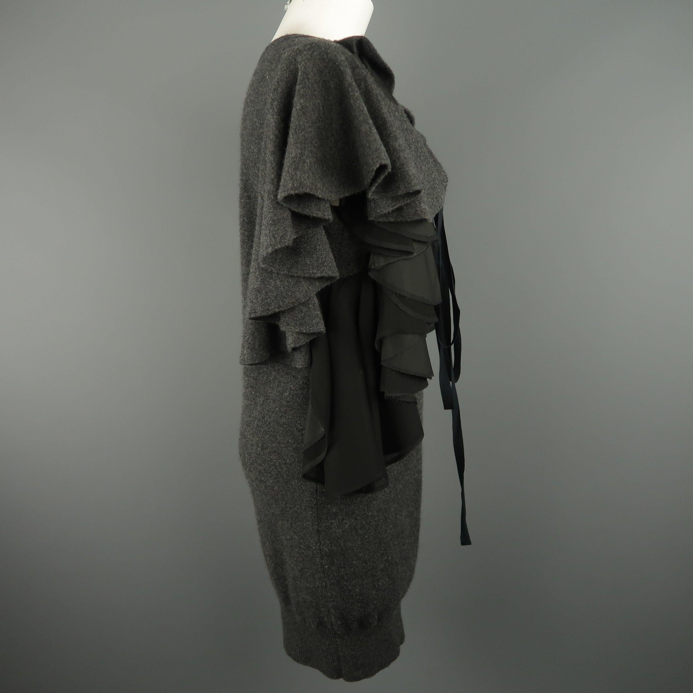 SACAI Size M Grey Wool Knit Black Silk Ruffle Bow Sweater Dress 2