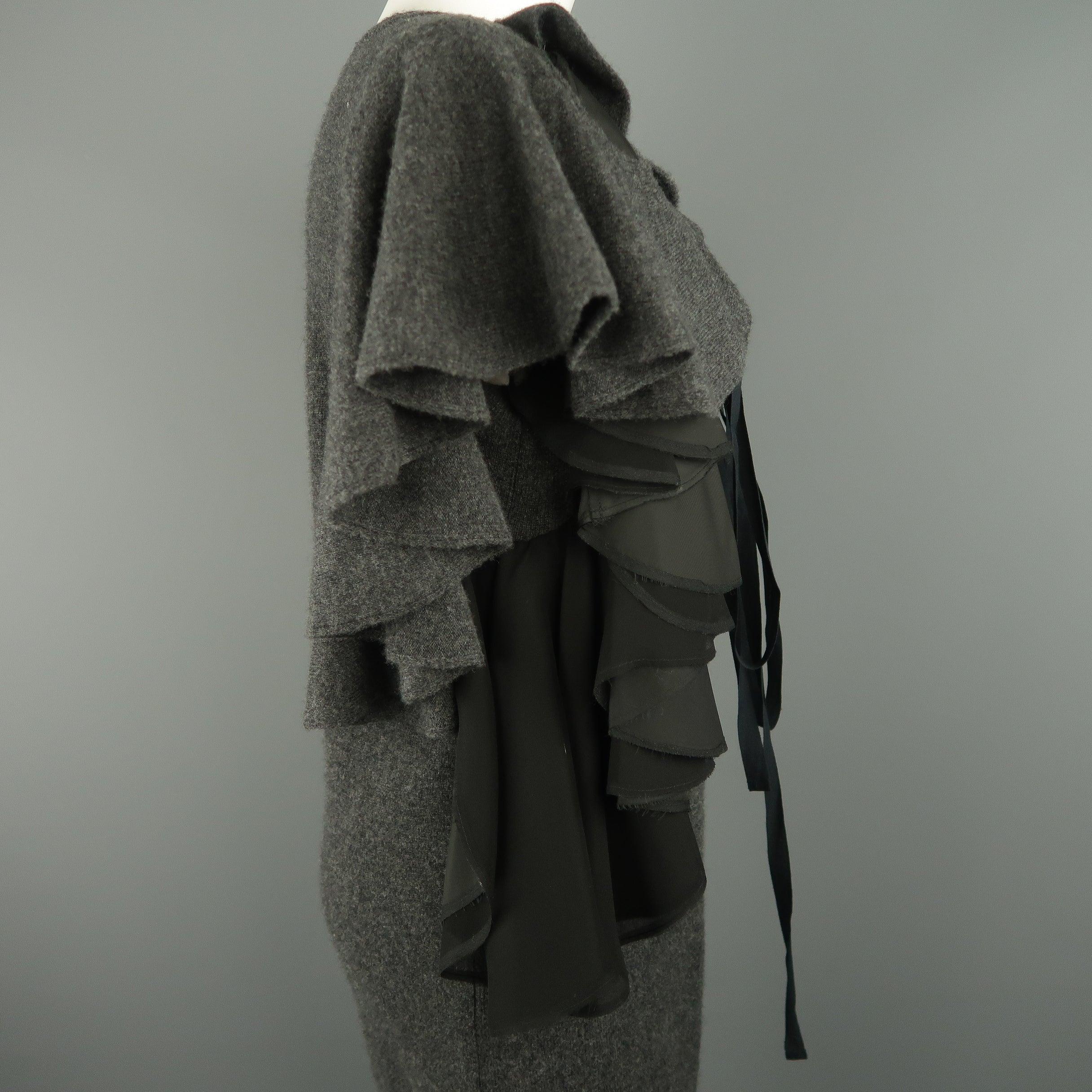 SACAI Size M Grey Wool Knit Black Silk Ruffle Bow Sweater Dress 3