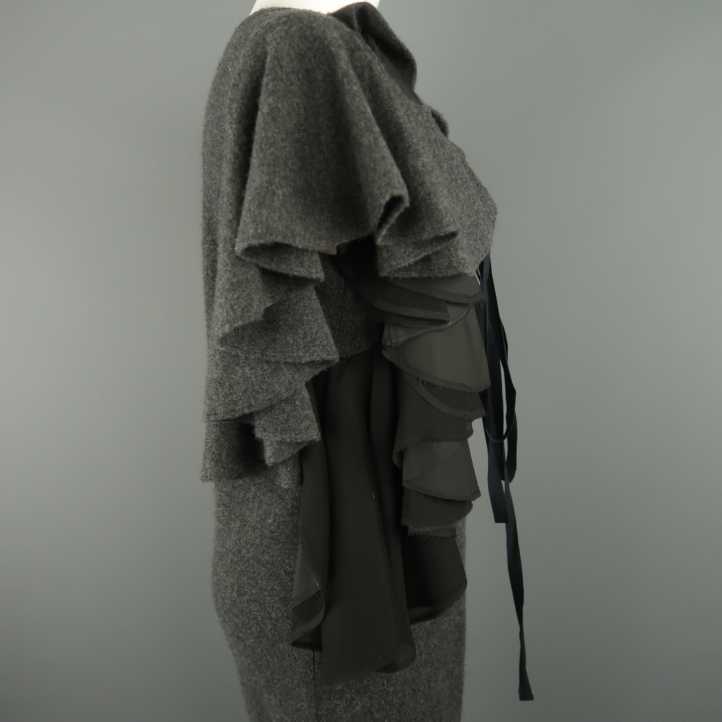 Women's SACAI Size M Grey Wool Knit Black Silk Ruffle Bow Sweater Dress