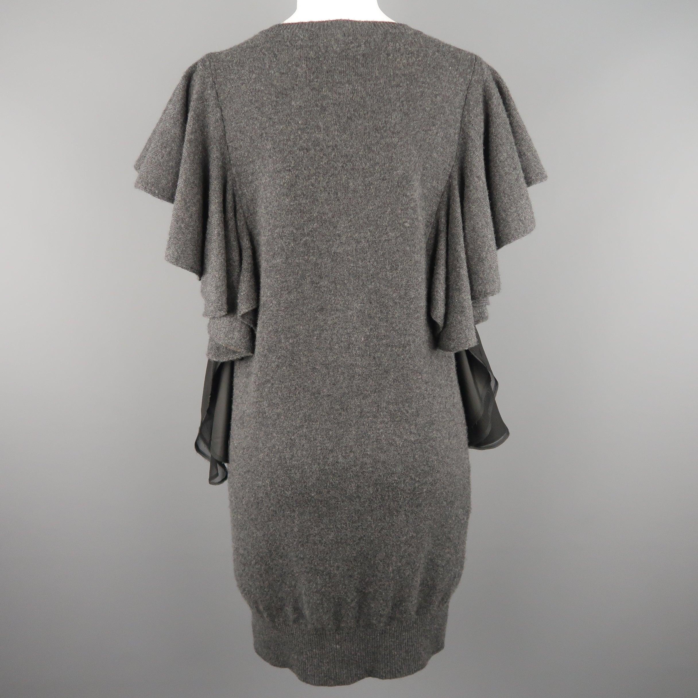 SACAI Size M Grey Wool Knit Black Silk Ruffle Bow Sweater Dress 4
