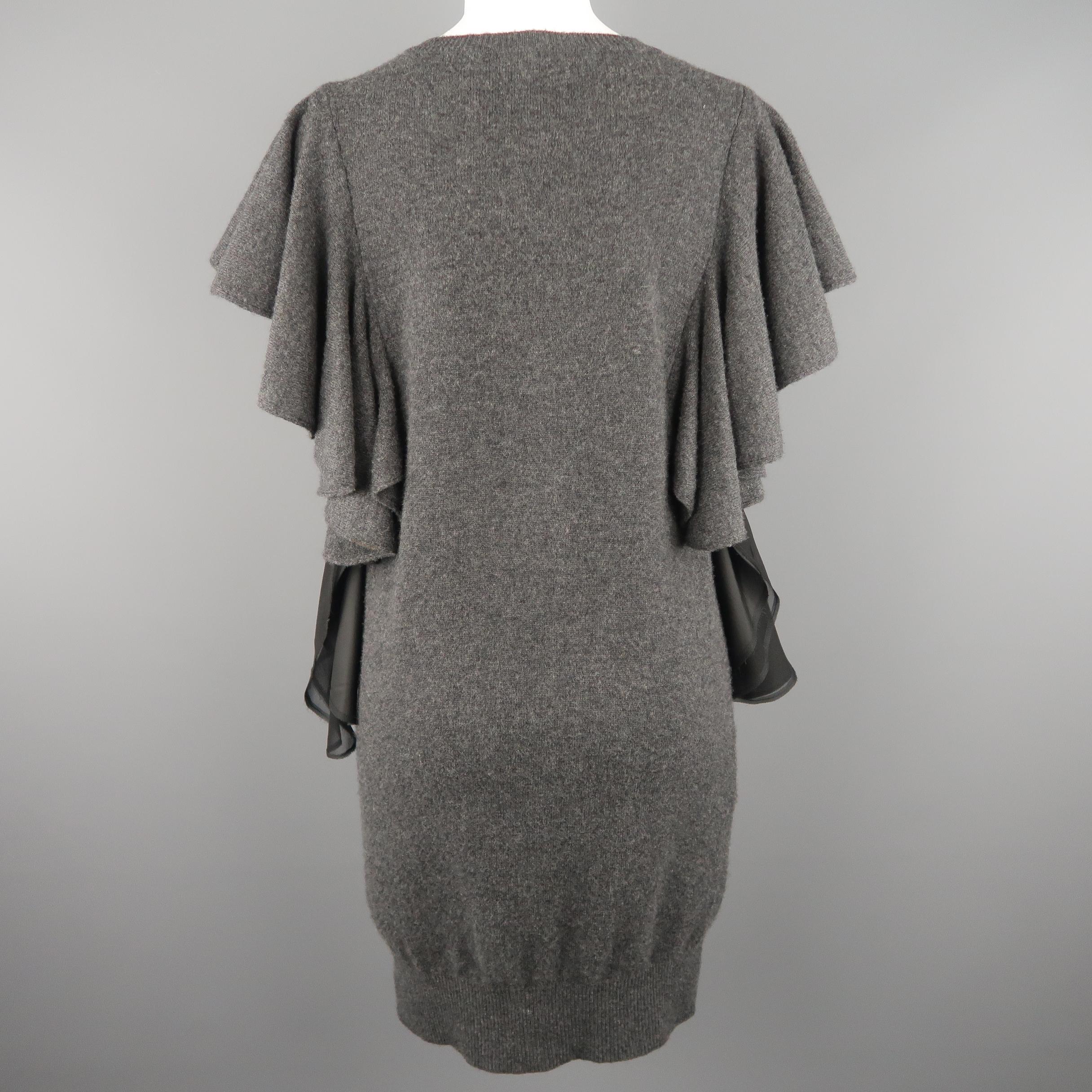 SACAI Size M Grey Wool Knit Black Silk Ruffle Bow Sweater Dress 1