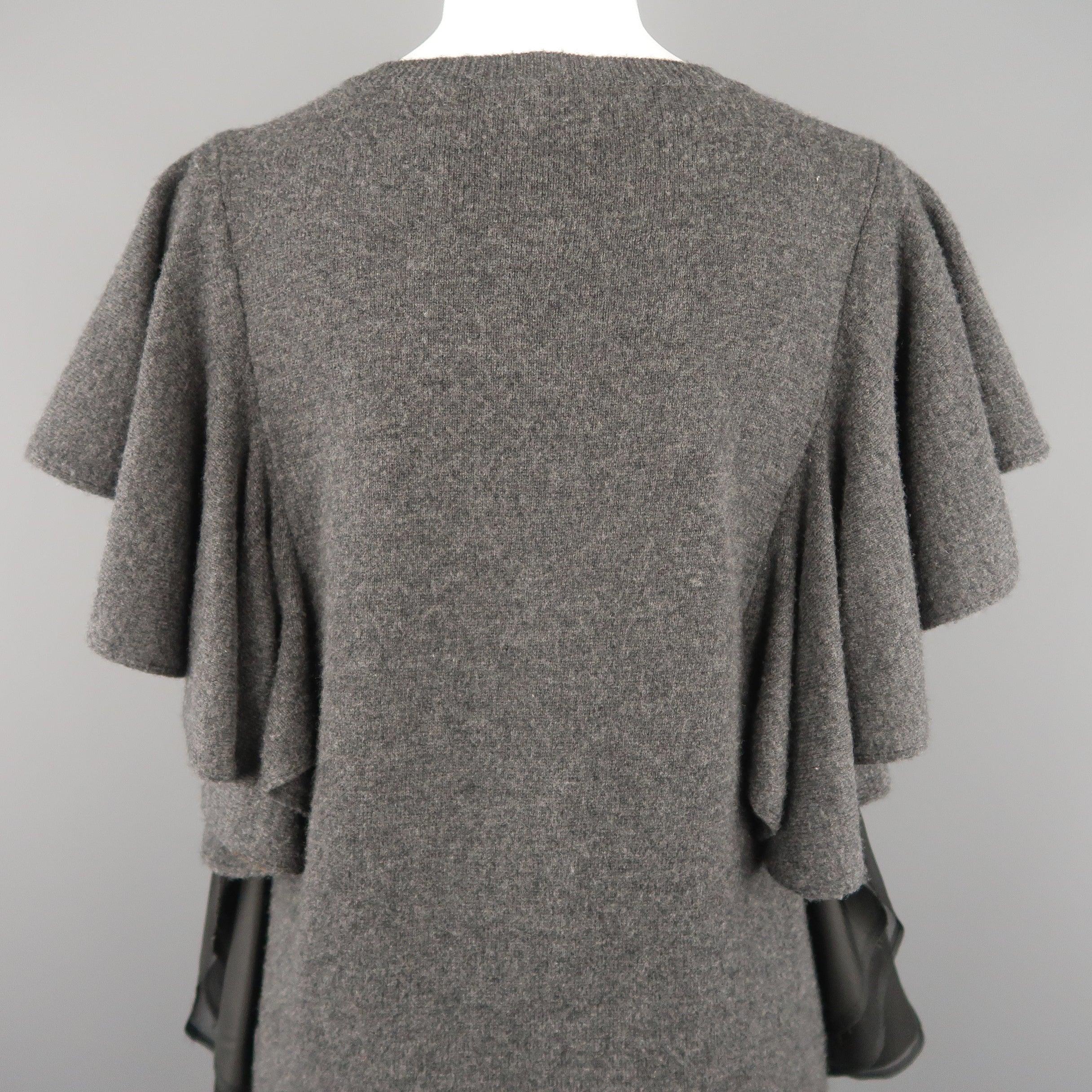 SACAI Size M Grey Wool Knit Black Silk Ruffle Bow Sweater Dress 5