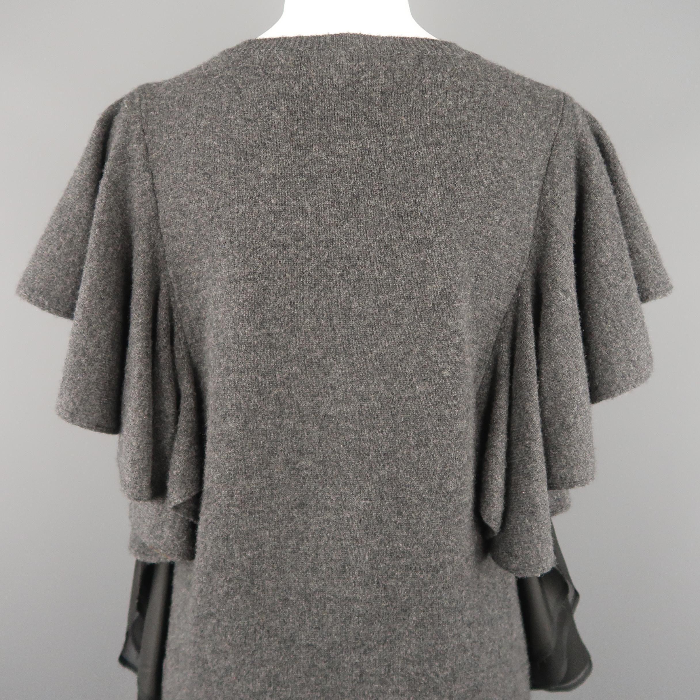 SACAI Size M Grey Wool Knit Black Silk Ruffle Bow Sweater Dress 2