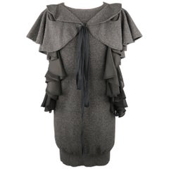 SACAI Size M Grey Wool Knit Black Silk Ruffle Bow Sweater Dress