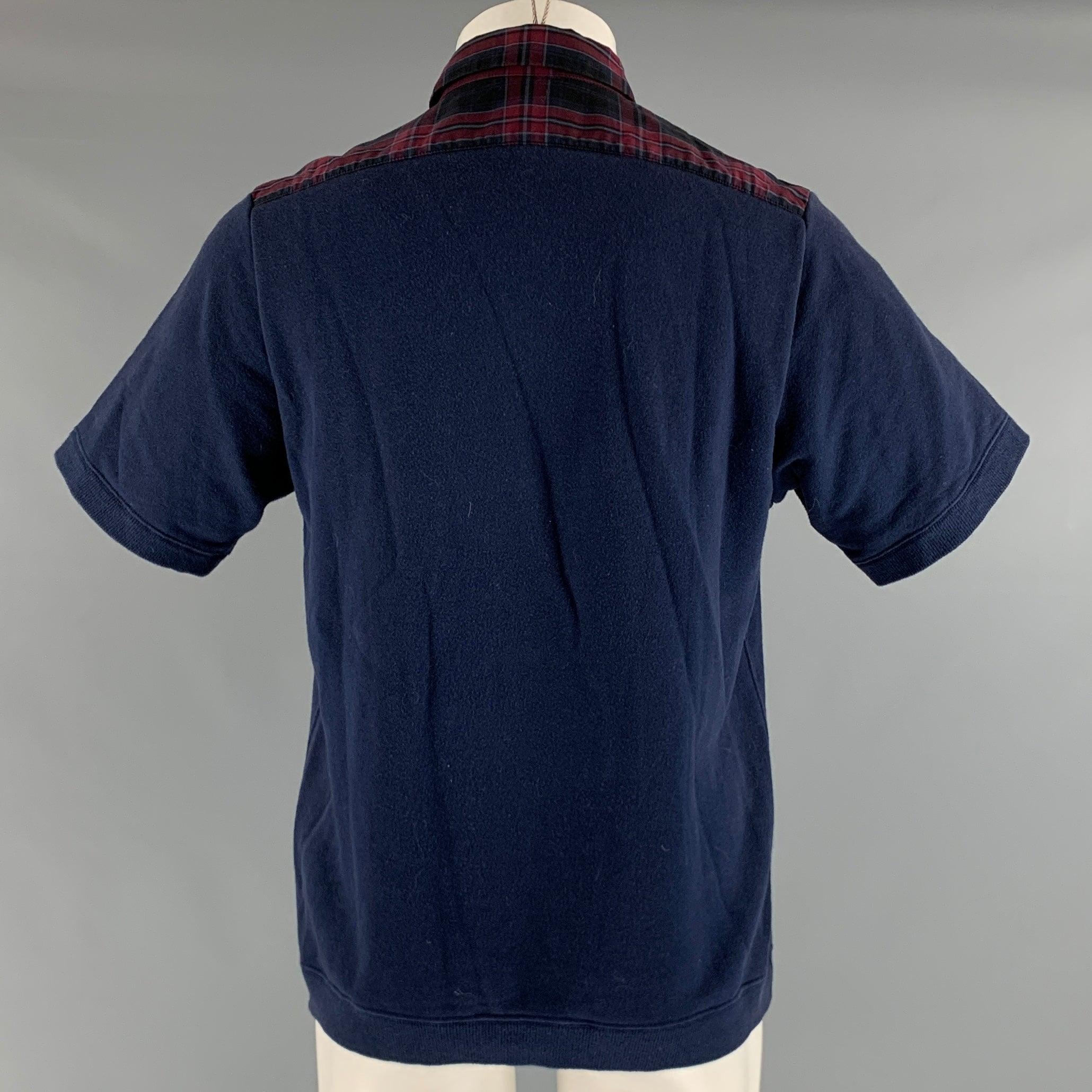 Men's SACAI Size M Navy Burgundy Mixed Fabrics Cotton Short Sleeve Sweatshirt For Sale