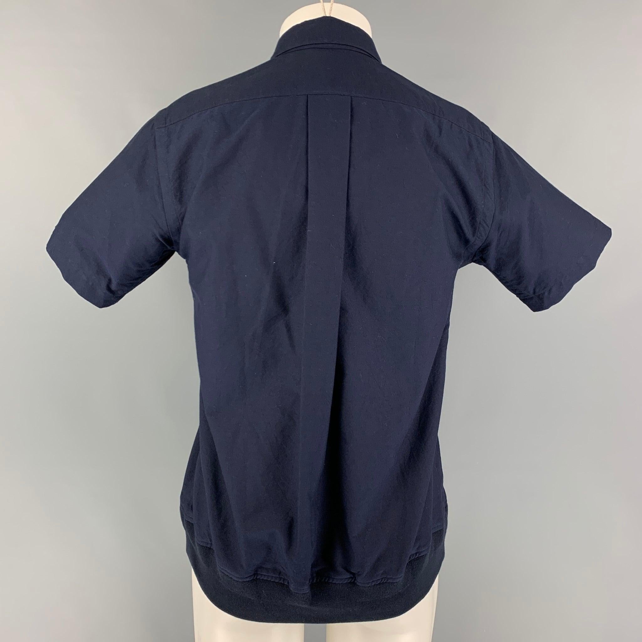 Men's SACAI Size S Navy Cotton Polyester Button Up Short Sleeve Shirt For Sale