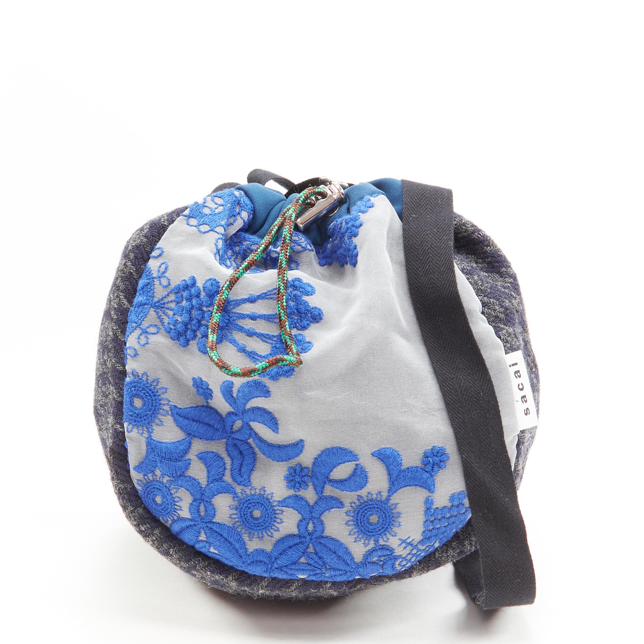 Women's SACAI Transformable mixed fabric wool drawstring bucket crossbody tote bag