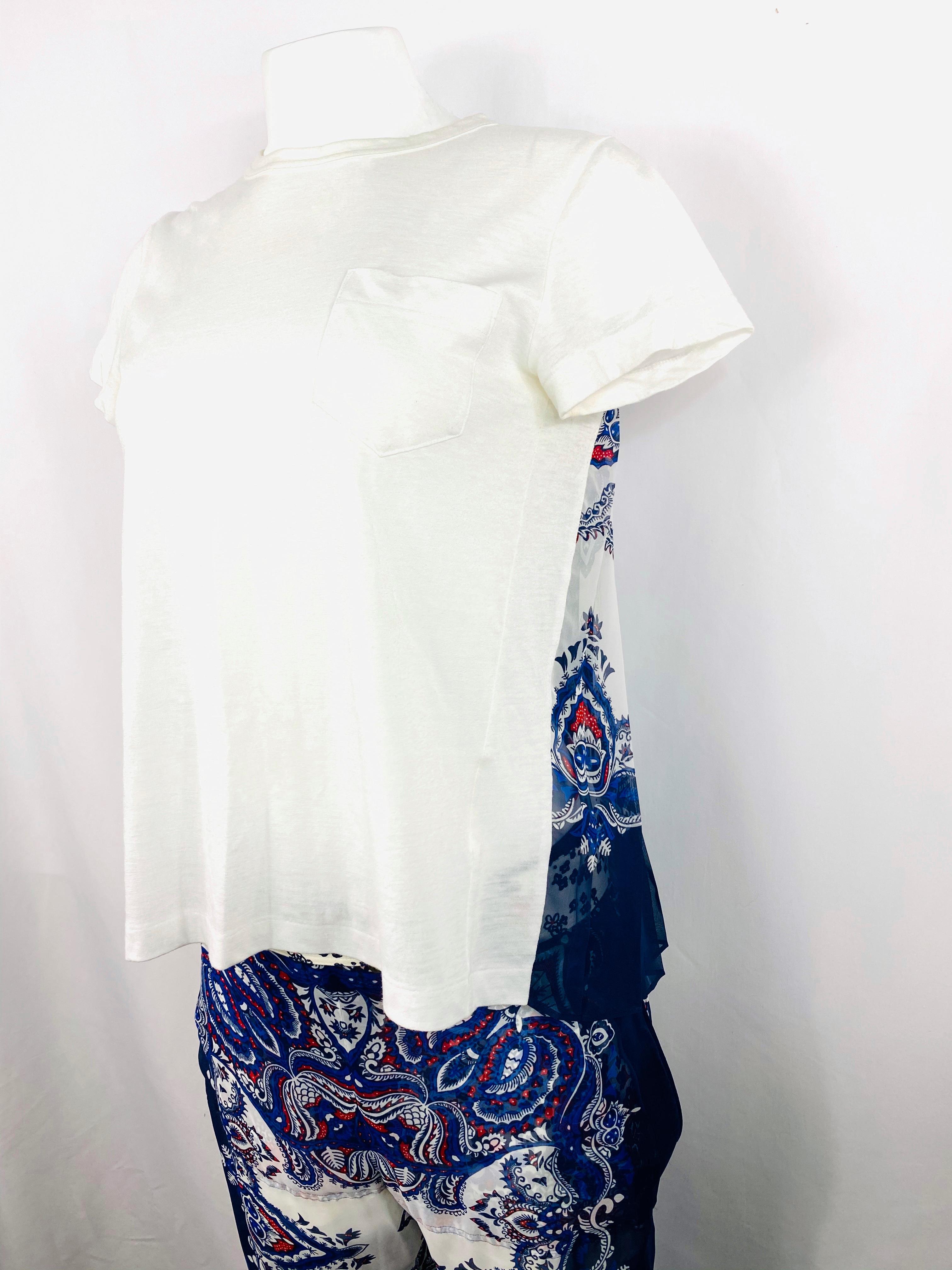 Sacai White and Blue Short Sleeve Top and Pants Suit Set  In Excellent Condition For Sale In Beverly Hills, CA