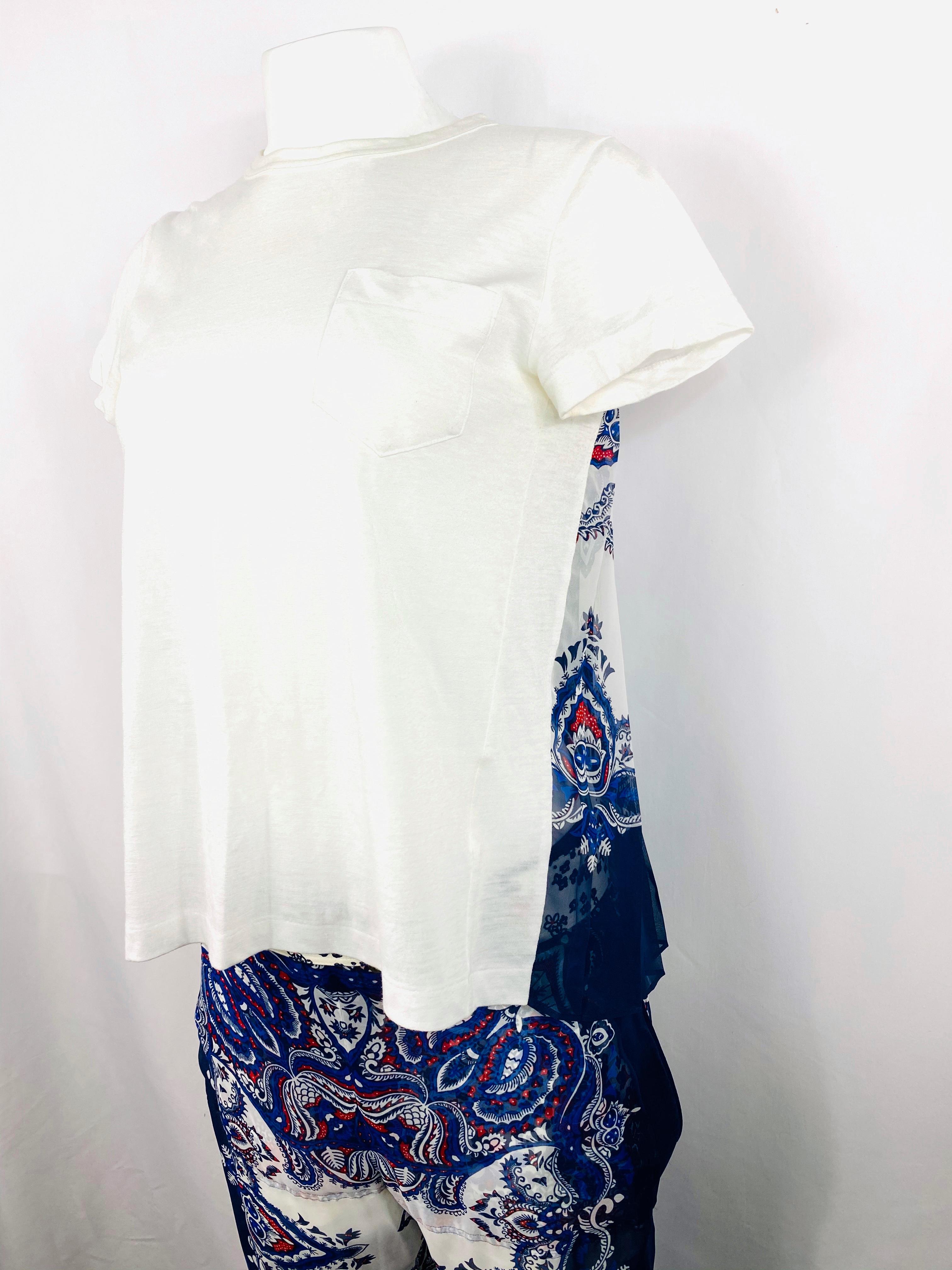 Sacai White and Blue Short Sleeve Top and Pants Suit Set In Excellent Condition For Sale In Beverly Hills, CA