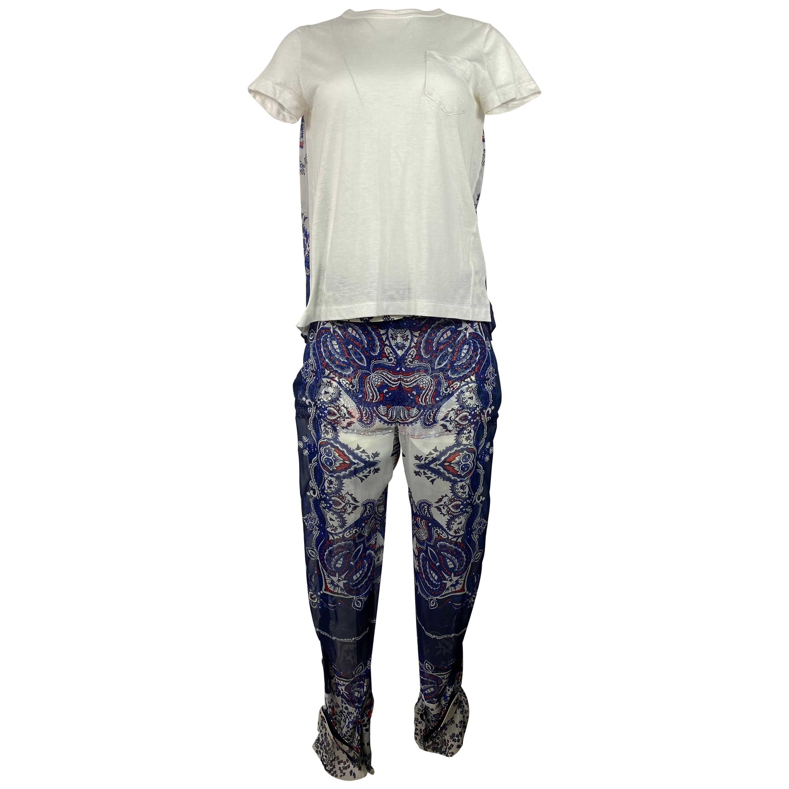 Sacai White and Blue Short Sleeve Top and Pants Suit Set For Sale