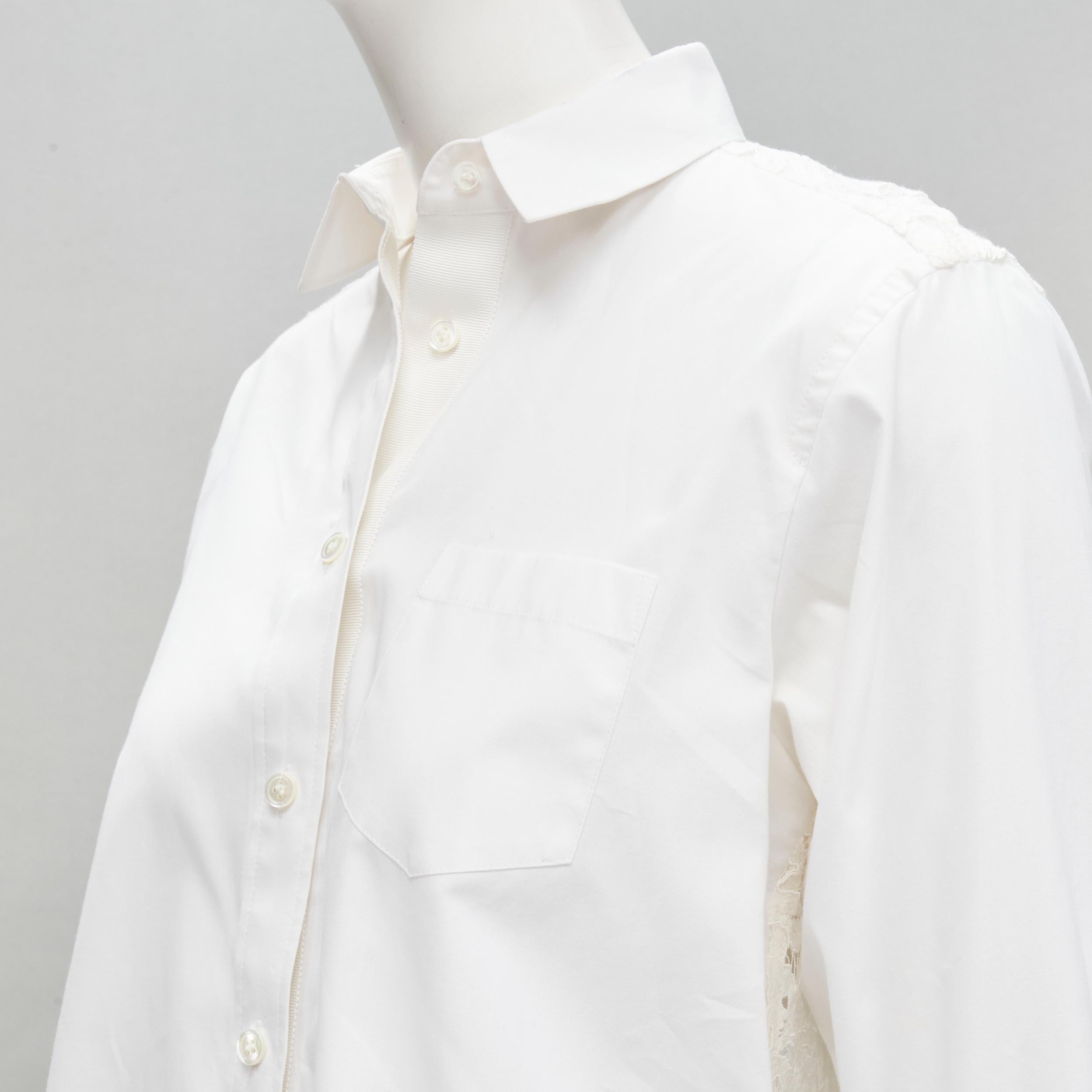 SACAI white cotton floral lace flared back button up shirt JP1 S For Sale 2
