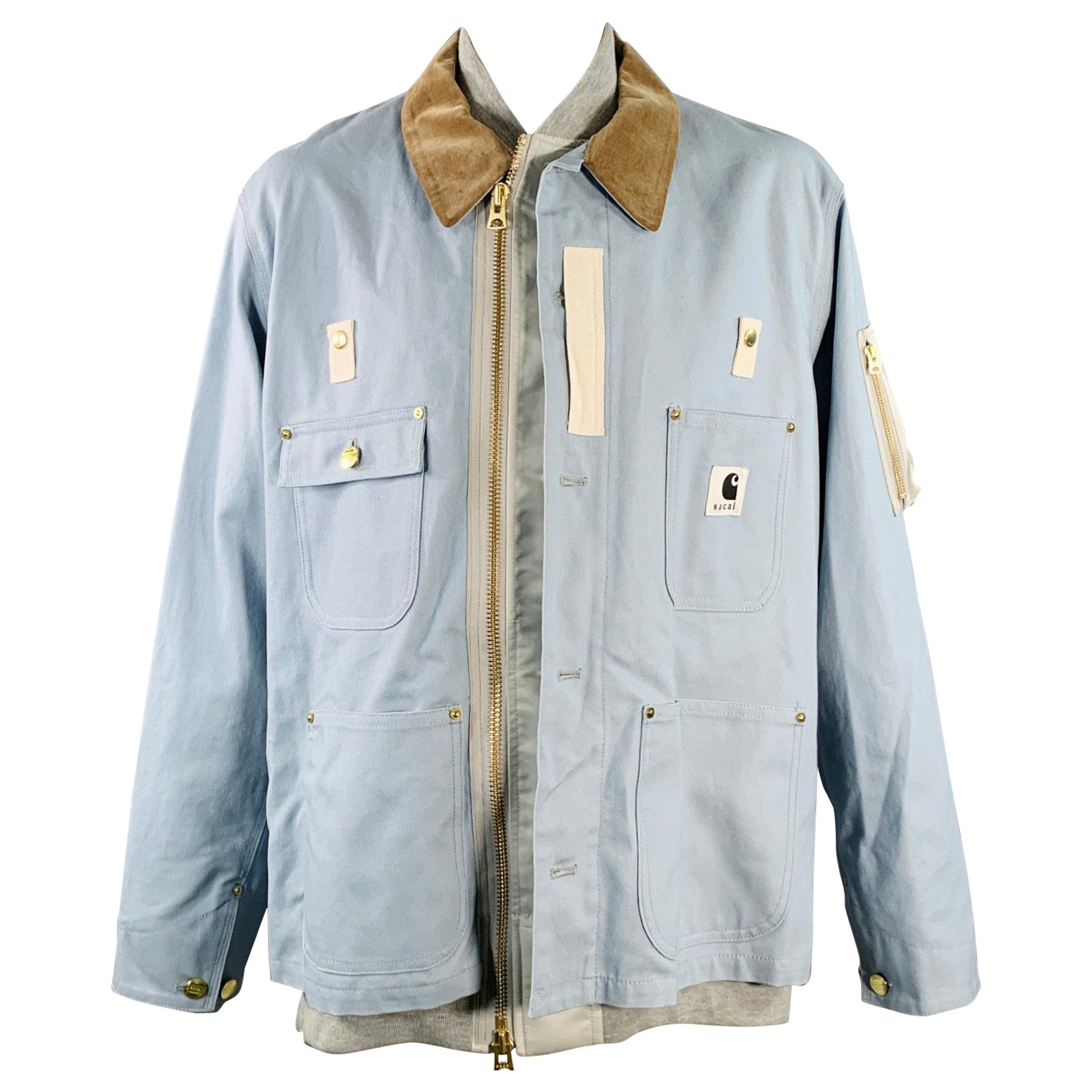 SACAI x CARHARTT Size XL Blue White Brown Oversized Cotton Field Jacket in vendita