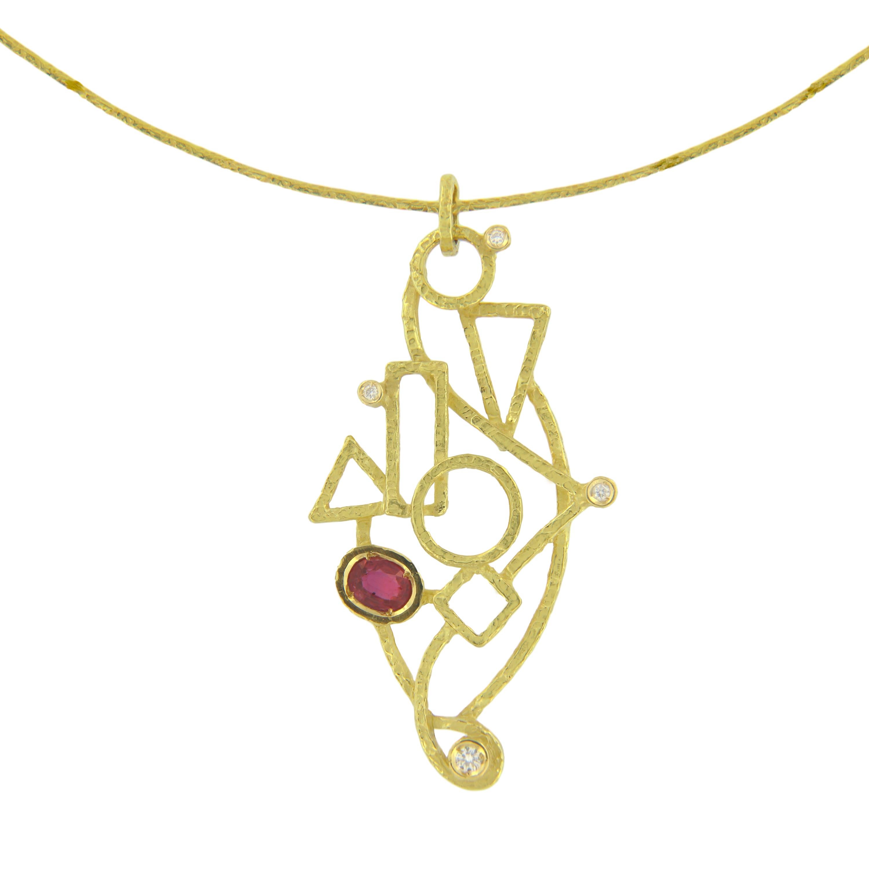 Gorgeous Satin Yellow Gold Pendant Necklace embellished with Ruby and Diamonds Gemstones, from Sacchi’s “Klimt” Collection, hand-crafted with lost-wax casting technique.

Lost-wax casting, one of the oldest techniques for creating jewelry, forms the