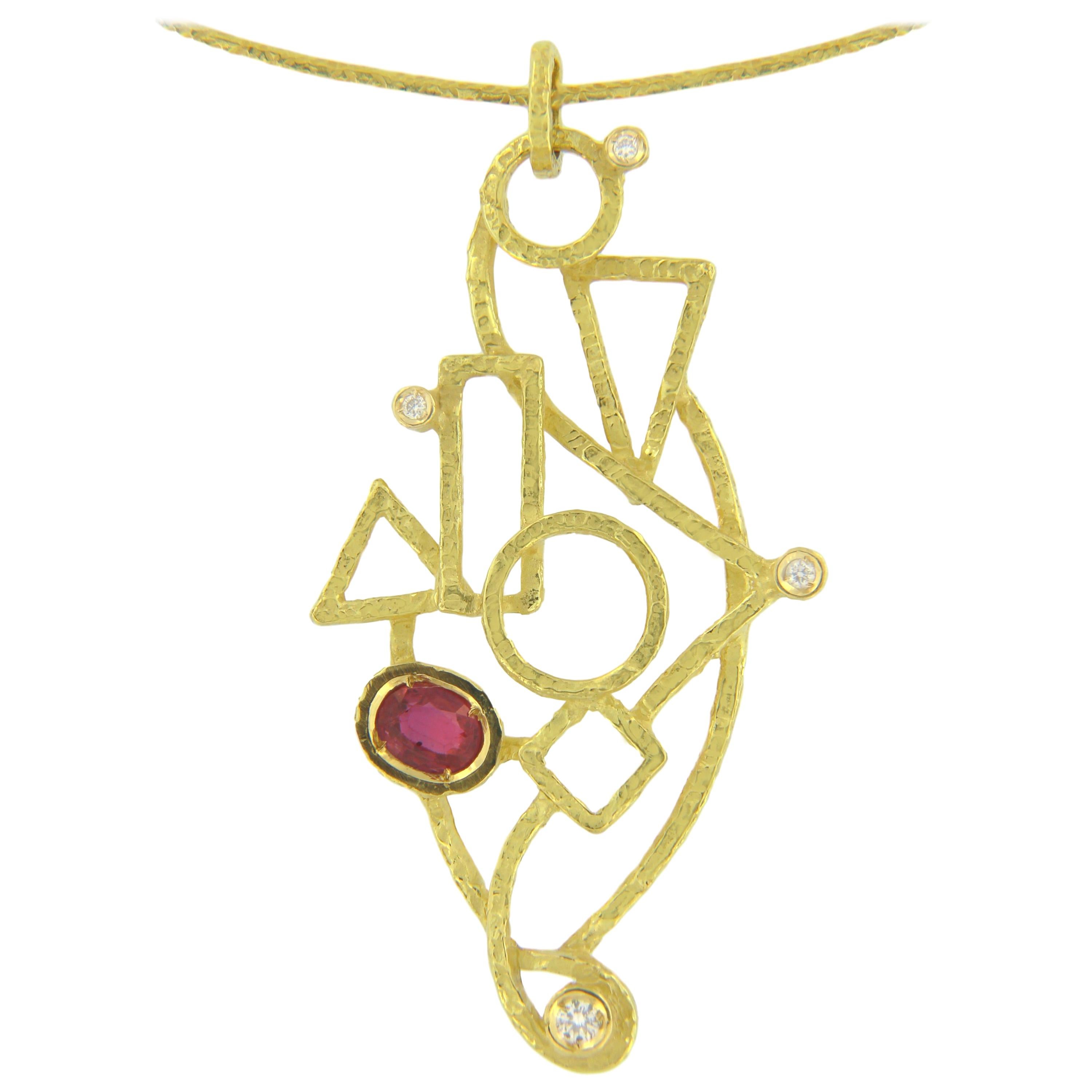 Sacchi 0.64 Carat Ruby and Diamond Gemstones 18 Karat Yellow Gold Wire Necklace For Sale