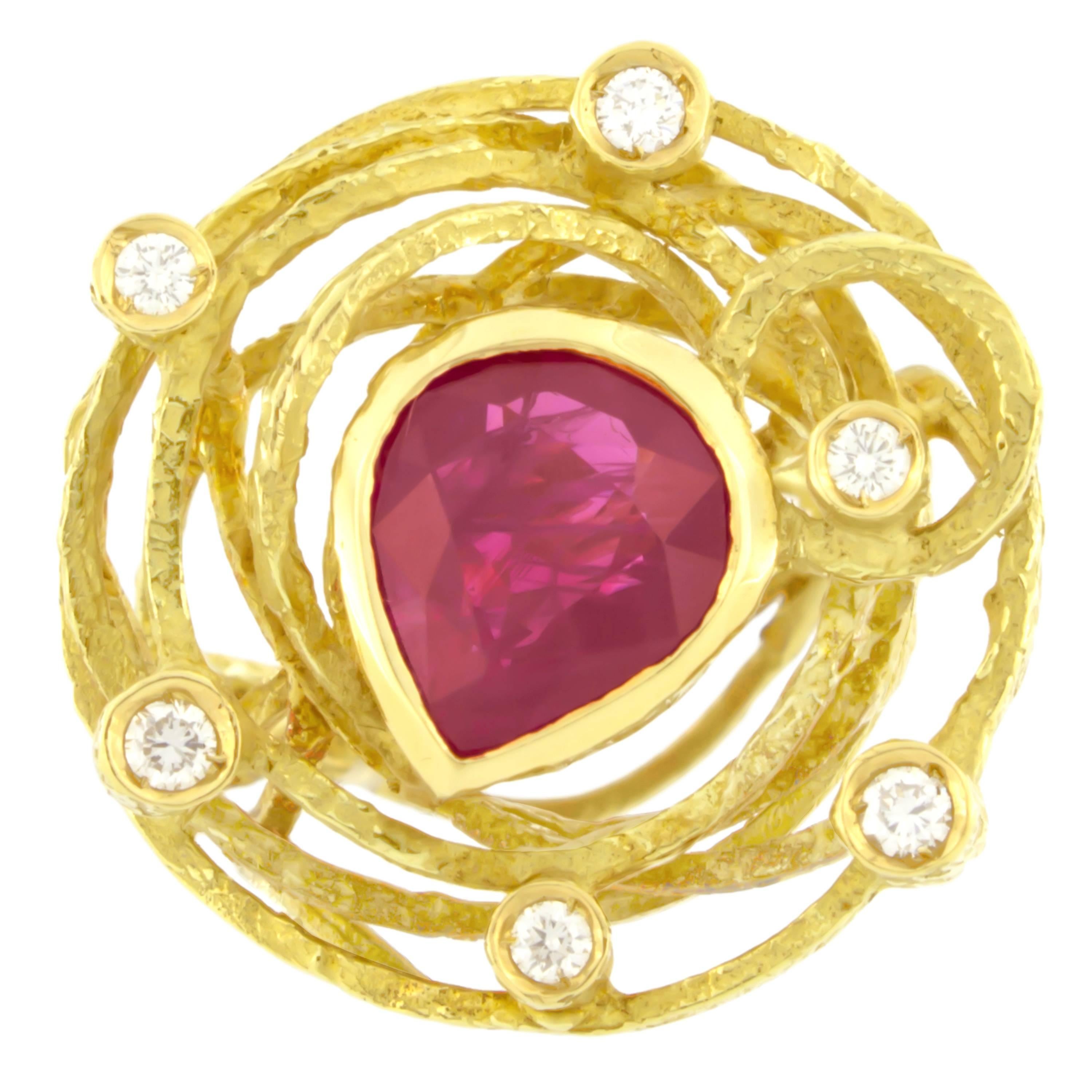 Gorgeous Pear cut Ruby and Diamonds Satin Yellow Gold Cocktail Ring, from Sacchi’s 