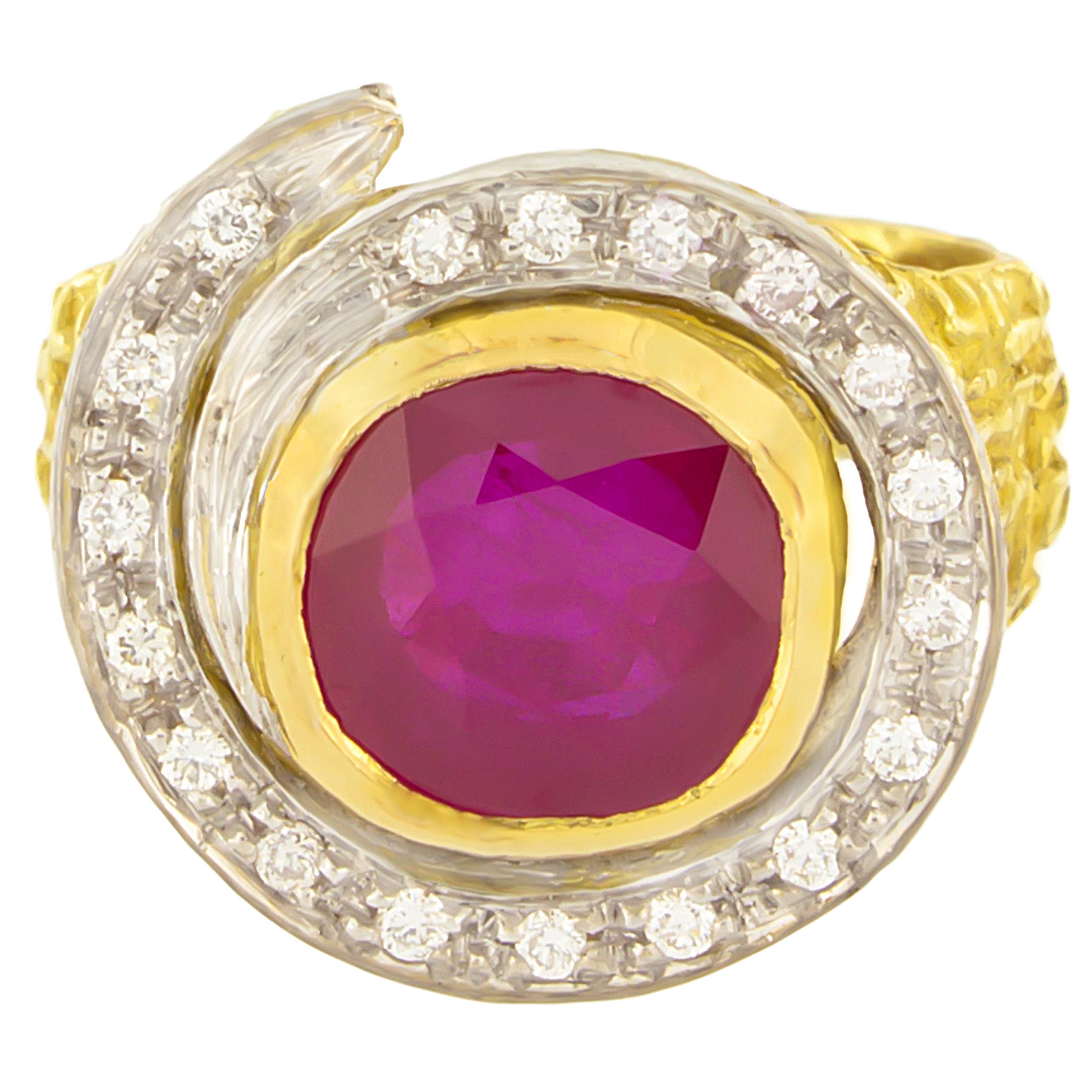 Exquisite Ruby and Diamonds Satin Yellow Gold Cocktail Ring, from Sacchi’s 