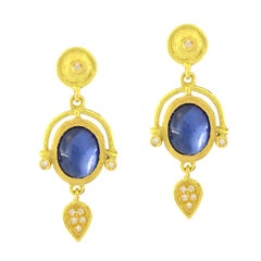 Sacchi 5.13 Carat Blue Sapphire and Diamonds Gemstone 18k Gold Drop Earrings