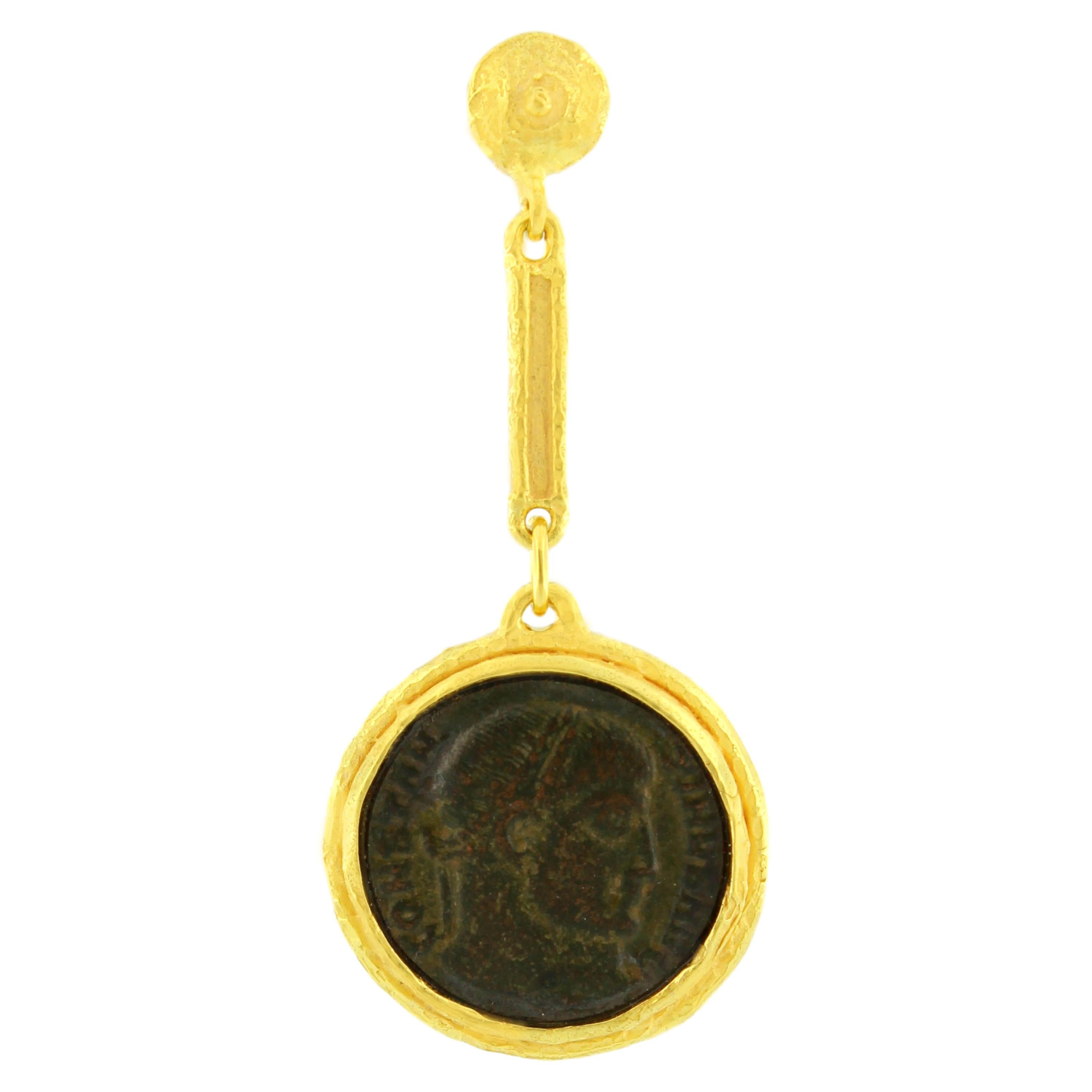 Gorgeous Satin Yellow Gold Dangle Earrings with ancient Roman Coins, from Sacchi’s 