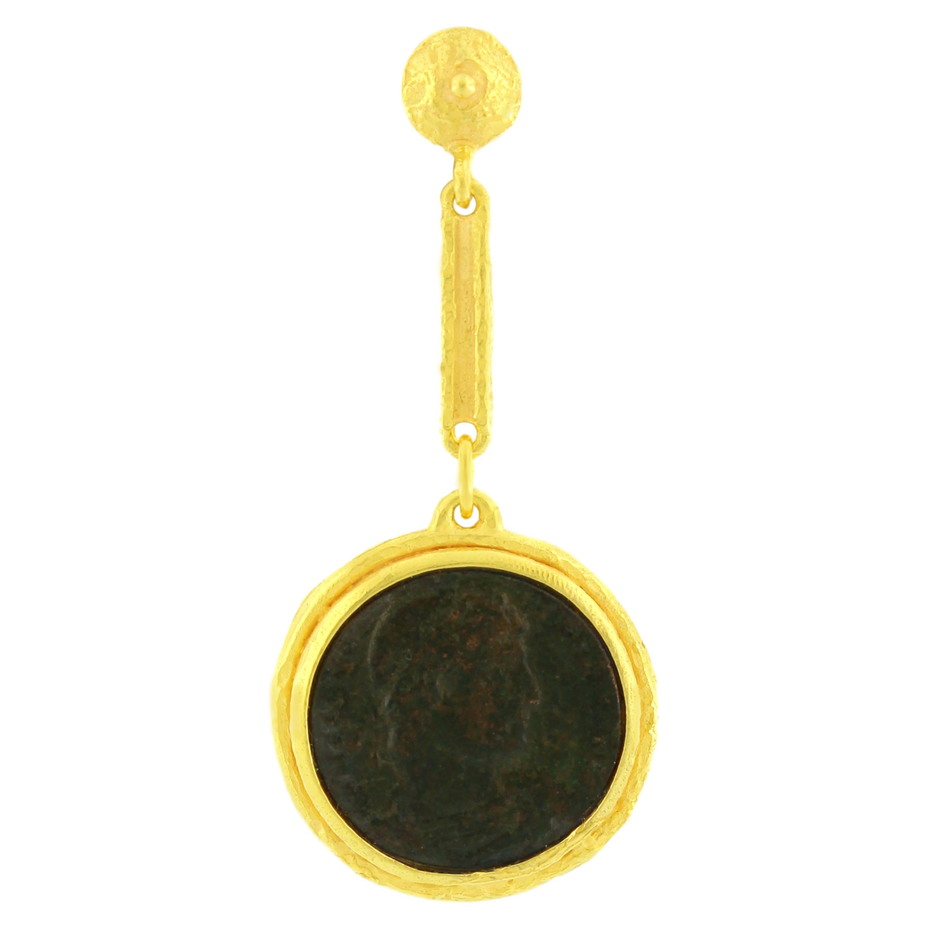 Contemporary Sacchi Ancient Roman Coin 18 Karat Satin Yellow Gold Dangle Earrings