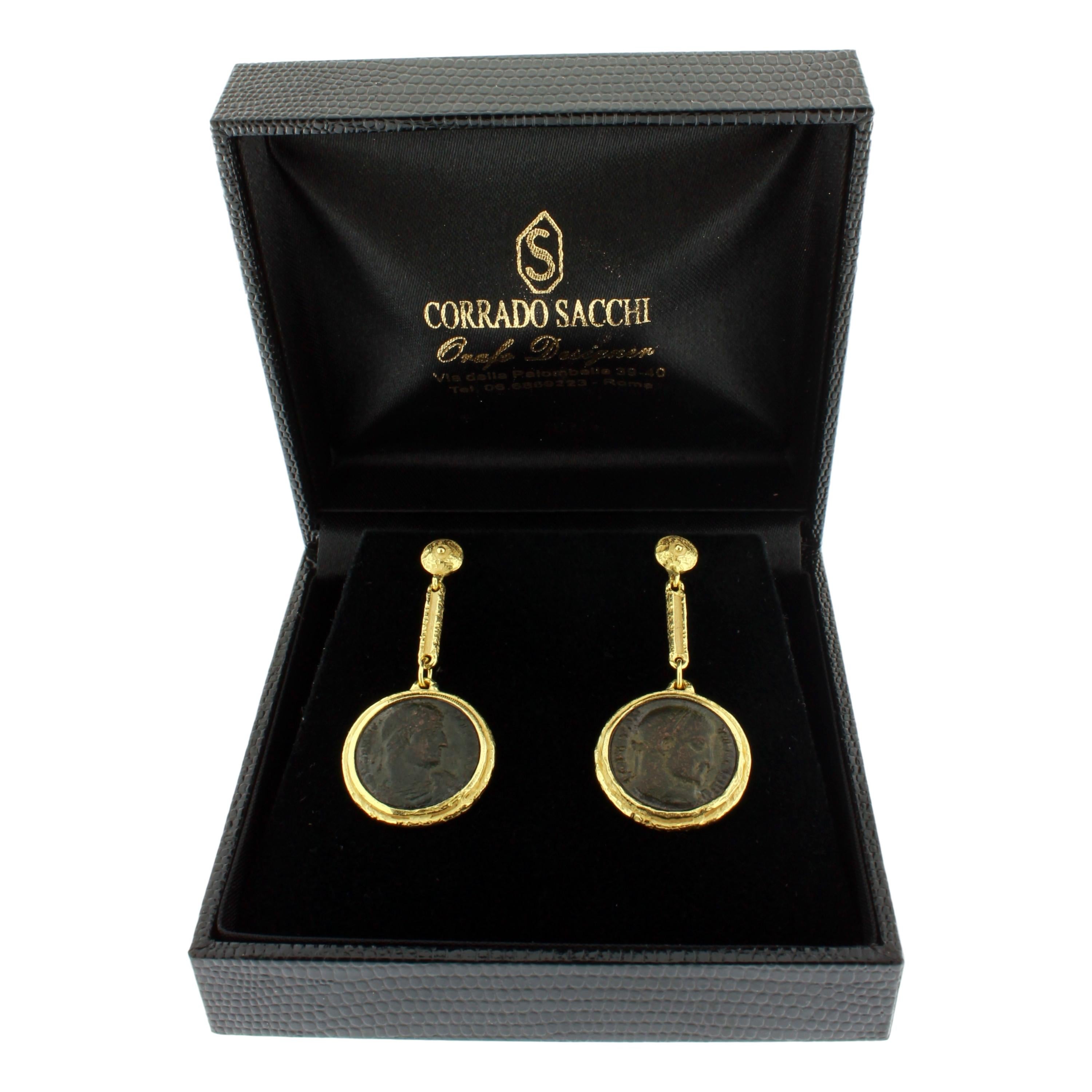 Pendientes Colgantes Sacchi Moneda Romana Antigua Oro Amarillo Satinado 18 Kilates en venta 3