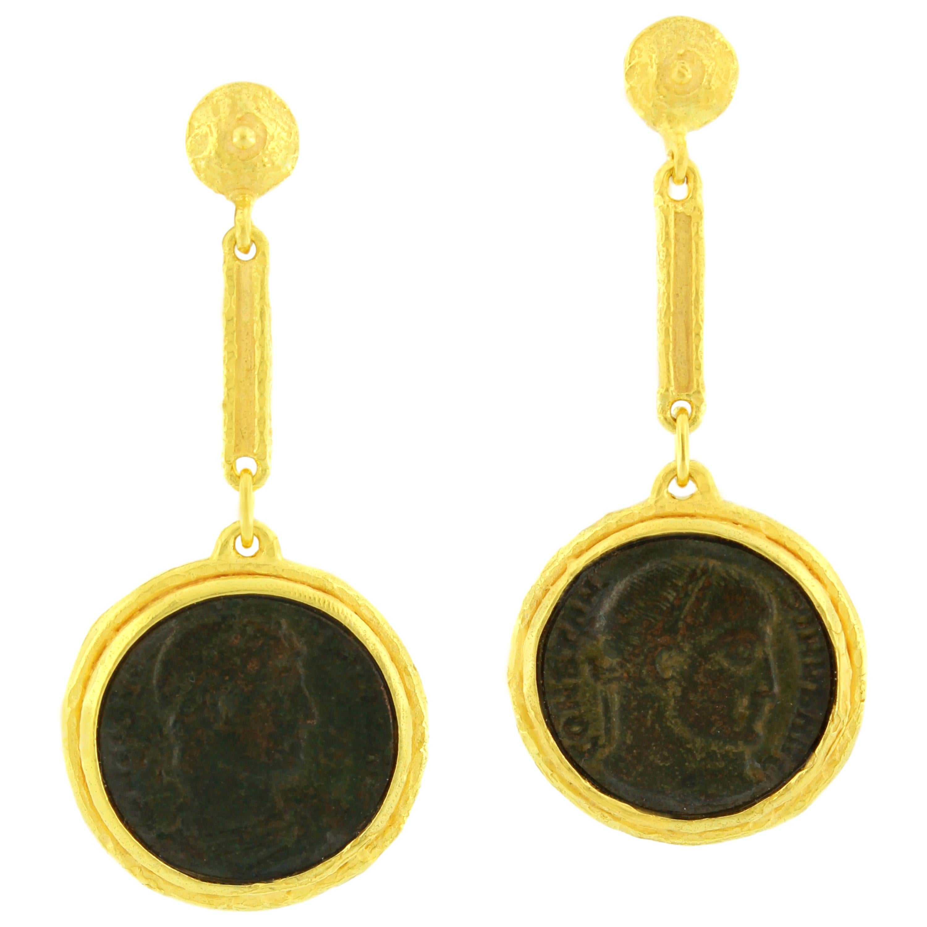Sacchi Ancient Roman Coin 18 Karat Satin Yellow Gold Dangle Earrings