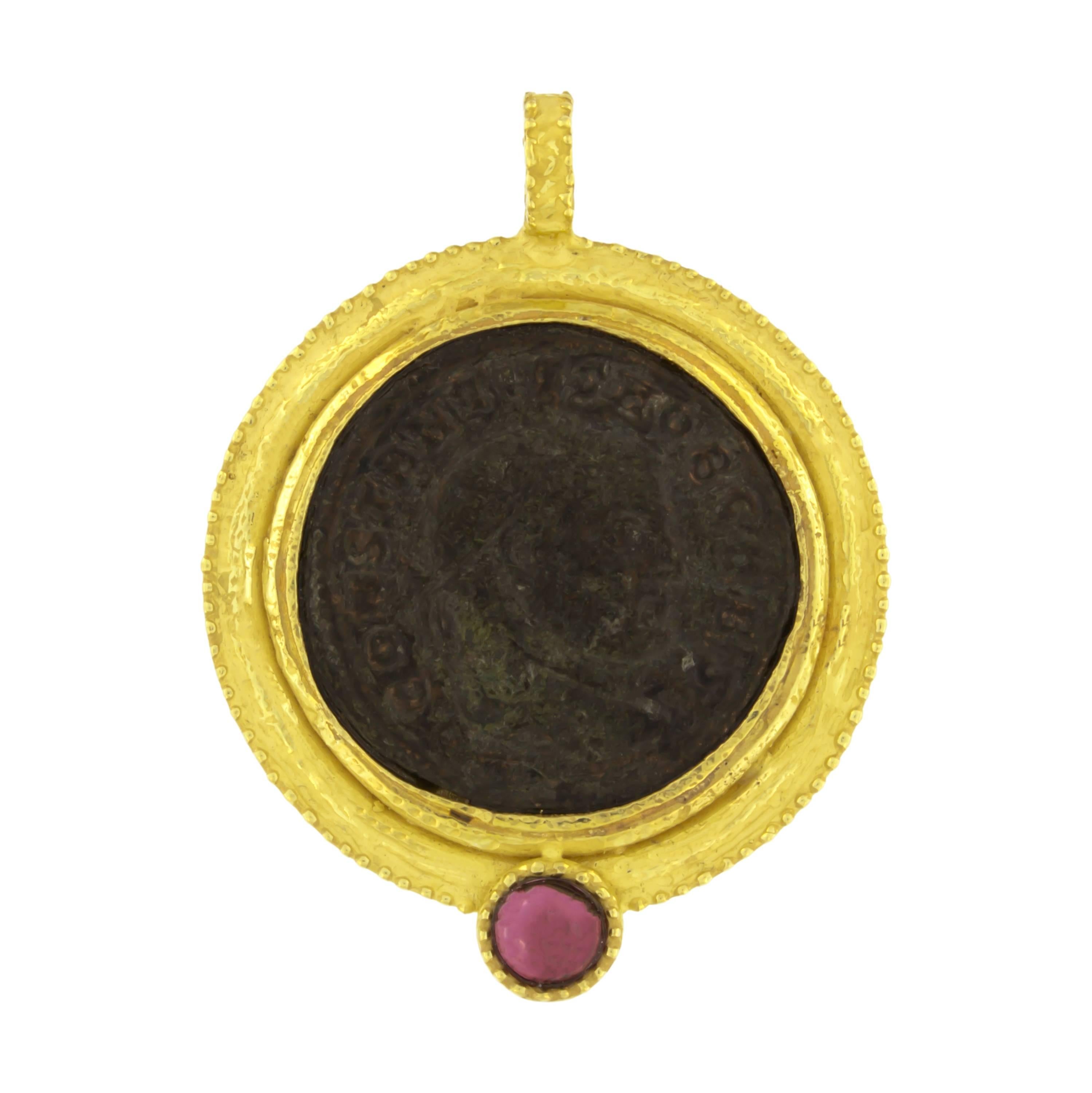 Sacchi Ancient Roman Coin and Tourmaline Gemstone 18k Yellow Gold Pendant For Sale